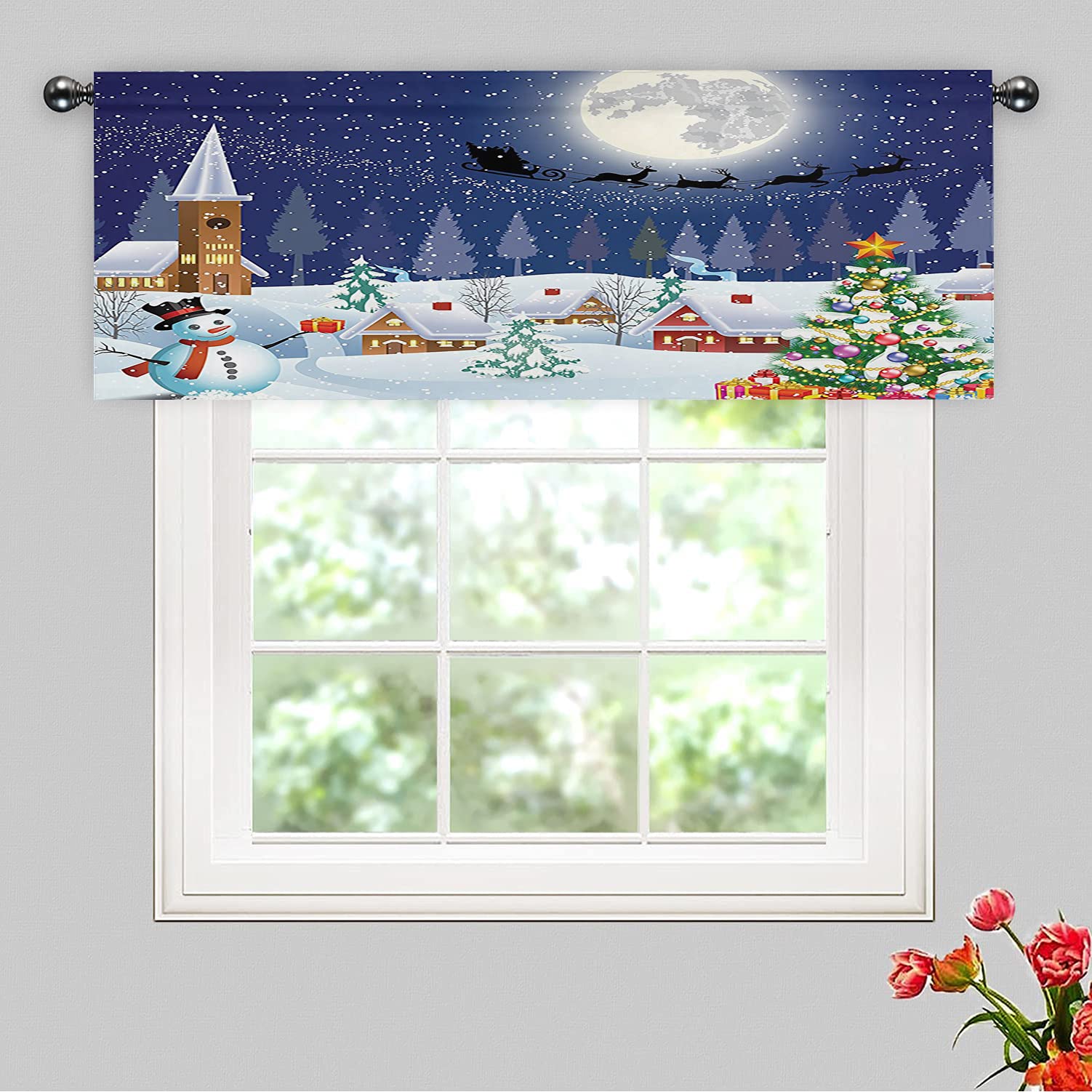 Christmas Window Valances - Festive Holiday Decor Short Curtains for Kitchen, Bedroom & Bathroom - Winter Snowman, Xmas Tree & Santa Print Thermal Insulated Small Curtains 42