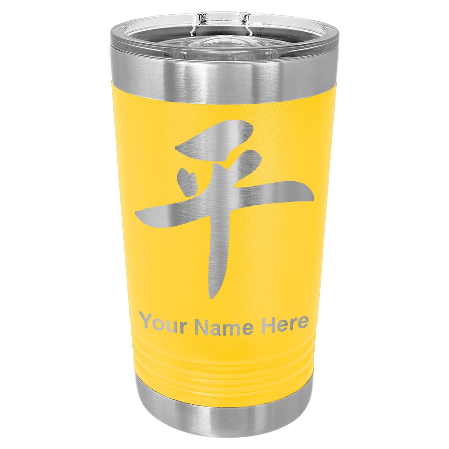 LaserGram 16oz Vacuum Insulated Stainless Steel Tumbler with Chinese Peace Symbol - Custom Engraved Yellow Pint Cup for Coffee, Tea & Cold Drinks - Perfect for Office, Travel & Outdoor Activities