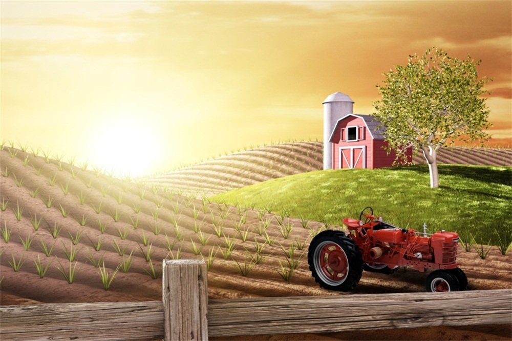 7x5ft Farm Photography Backdrop - Sunrise Countryside Landscape with Barn, Tractor & Truck for Newborn, Family & Maternity Photo Shoots | Studio Props for Rustic, Agriculture & Rural Themed Sessions