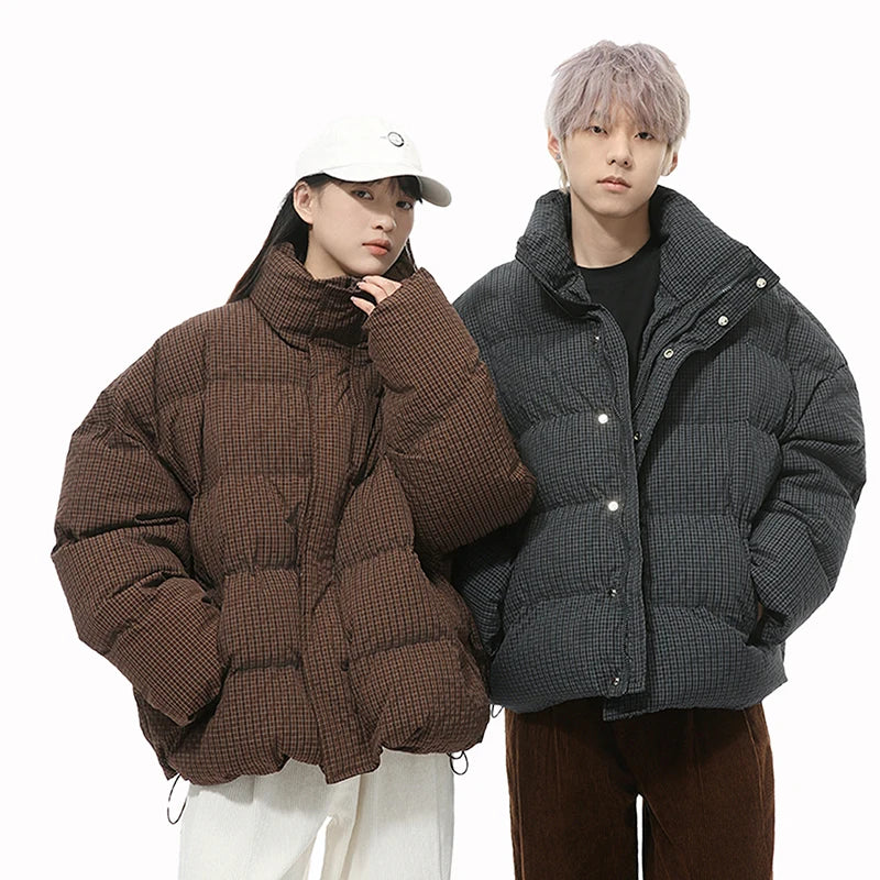 Vintage American Style Men's Cotton Plaid Stand Collar Drawstring Casual Loose Padded Jacket - Warm Winter Coat for Outdoor Activities & Streetwear Fashion