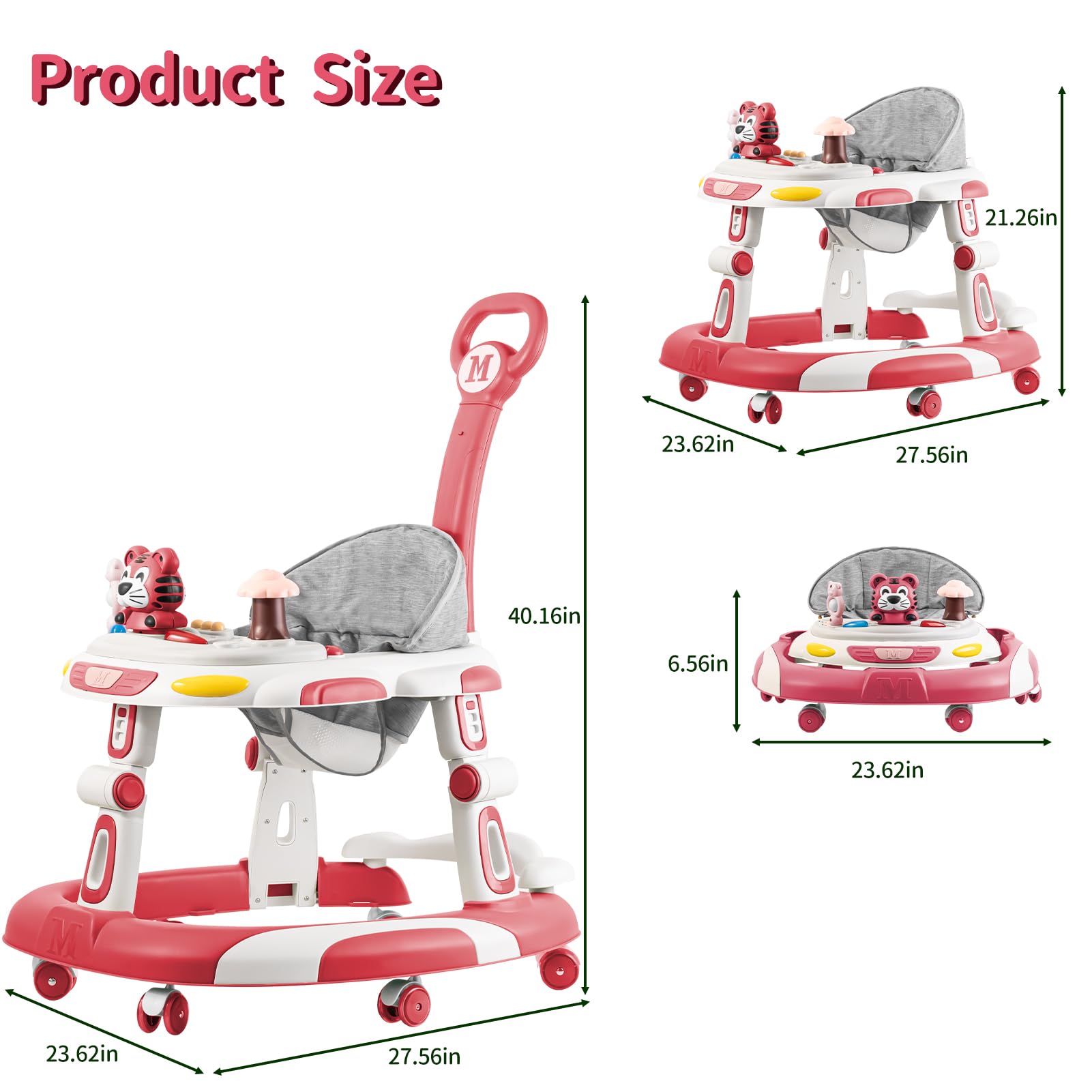 4-in-1 Foldable Baby Walker & Activity Center with Toy Tray - 3-Level Height Adjustable Infant Walker with Wheels for Boys & Girls 6-24 Months (Pink) | Perfect for Learning to Walk, Playtime & Early Development at Home