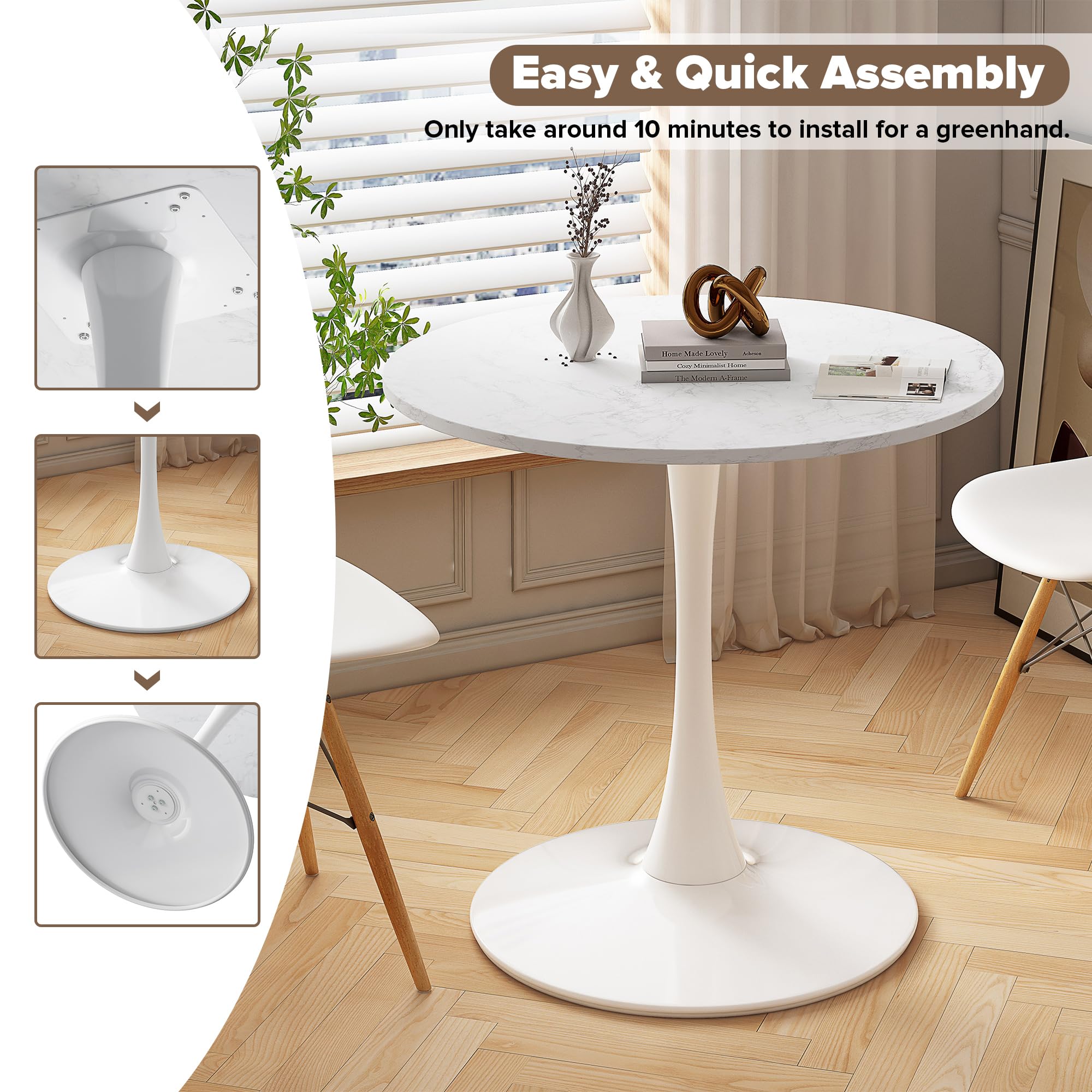 31.5 Inch Round Dining Table - Mid-Century Tulip Table with Sturdy Metal Pedestal Base | Modern Space-Saving Kitchen Table | Easy Assembly Marble Top White Finish | Perfect for Small Apartments & Cozy Dining Rooms