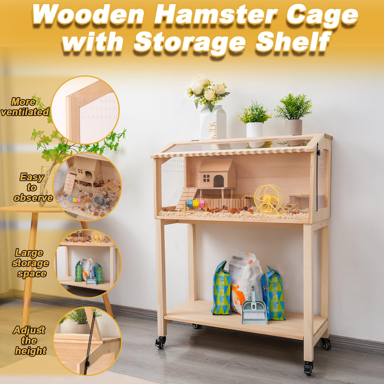Premium Wooden Hamster Cage with Storage Shelf - Large Pine Guinea Pig Cage for Small Animals (Chinchilla, Rat, Bunny) - Spacious 32