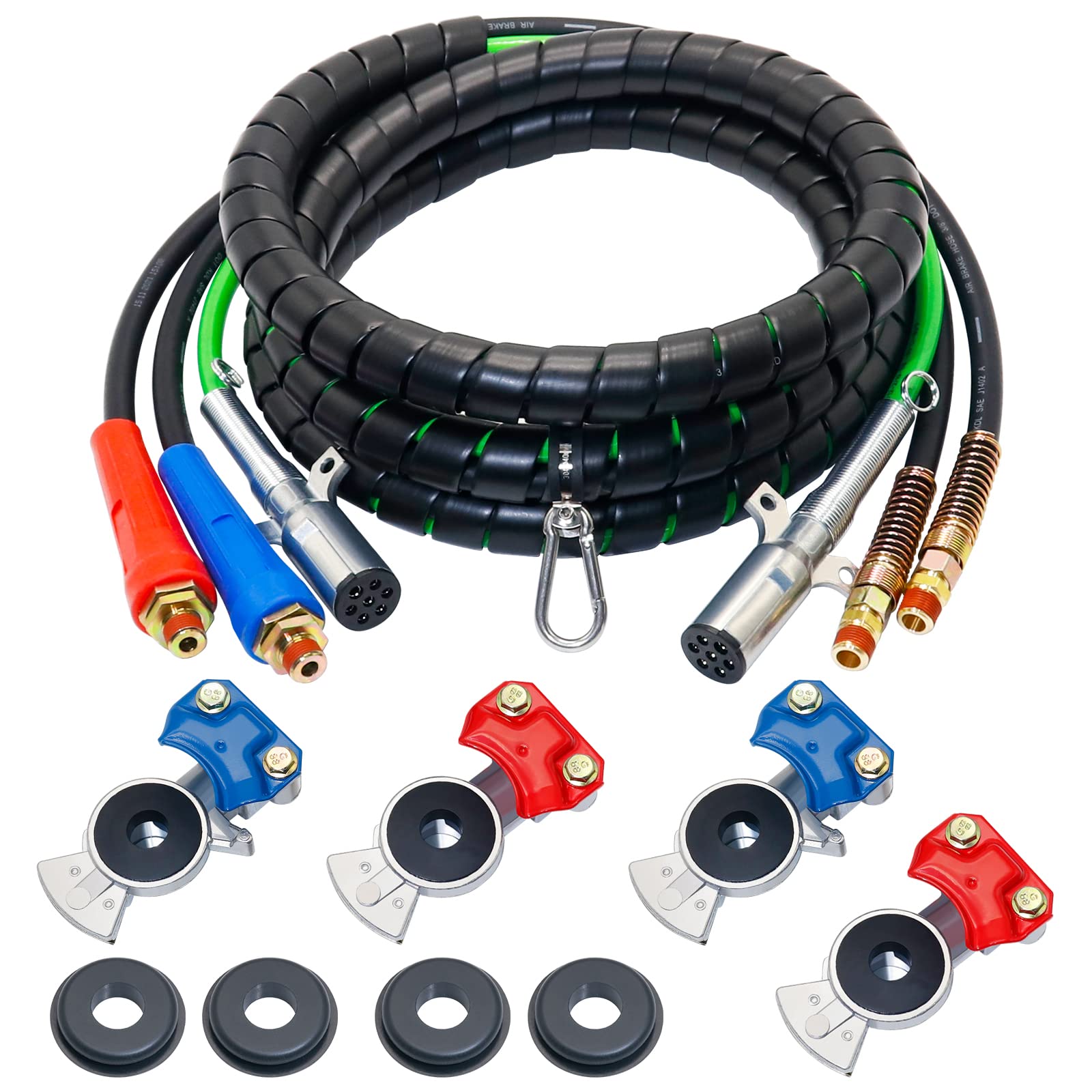 **15FT Air Line Hose Kit for Semi Trucks - 3-in-1 Wrap ABS & Power Air Hose with 2 Pairs Aluminum Emergency Glad Hands - Heavy Duty Tractor Trailer Air Brake System Accessories (Ideal for Long-Haul Transport & Emergency Repairs)**