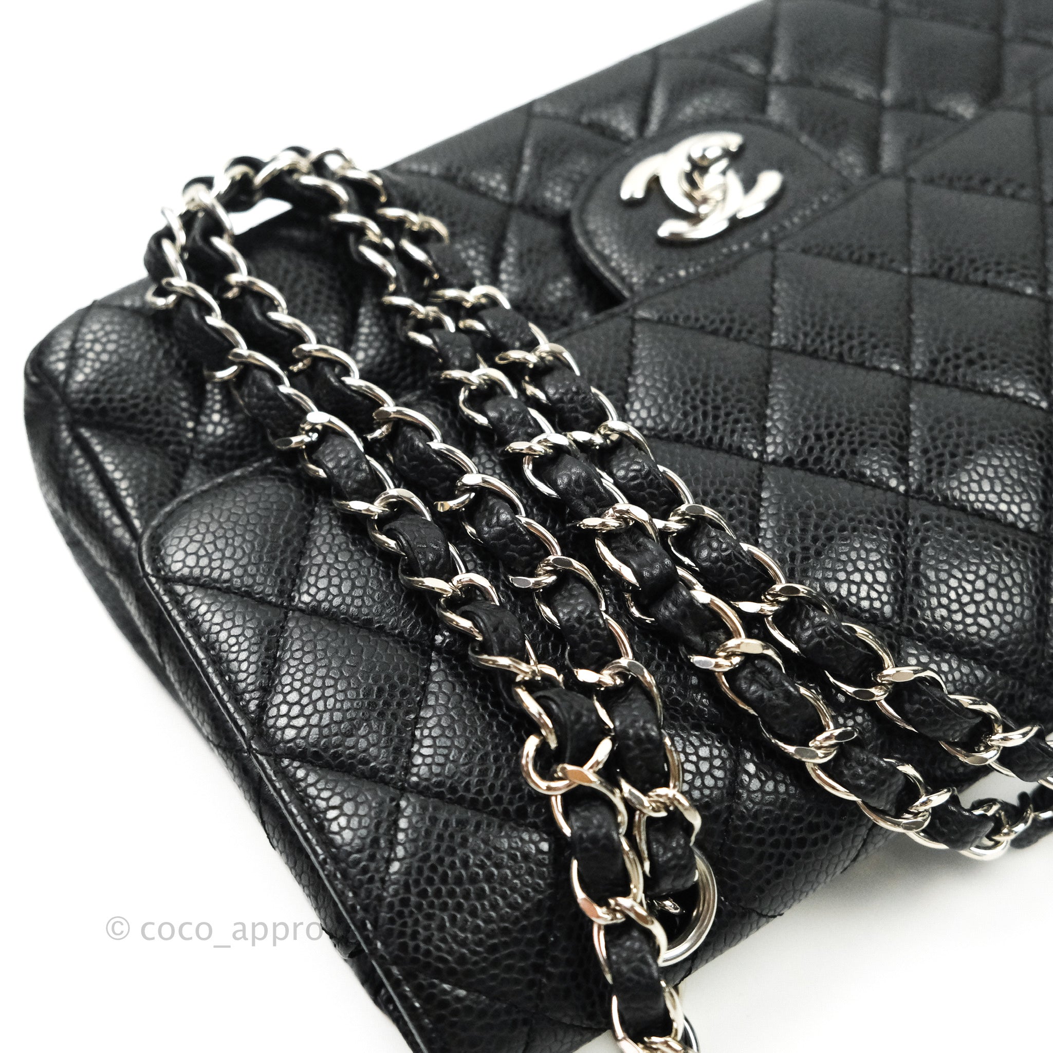 Chanel Classic Medium Double Flap Bag Black Caviar Leather with Silver Hardware - Luxury Designer Handbag for Women, Perfect for Work, Evening & Special Occasions