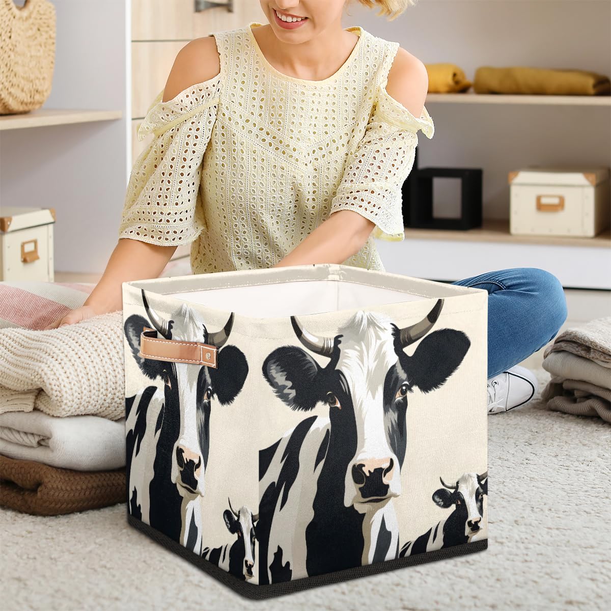 13 Inch Cute Cow Fabric Storage Bins with Leather Handles - Foldable Closet Organizer Baskets for Bedroom, Living Room & Shelves | Perfect for Kids' Room, Nursery, and Home Organization