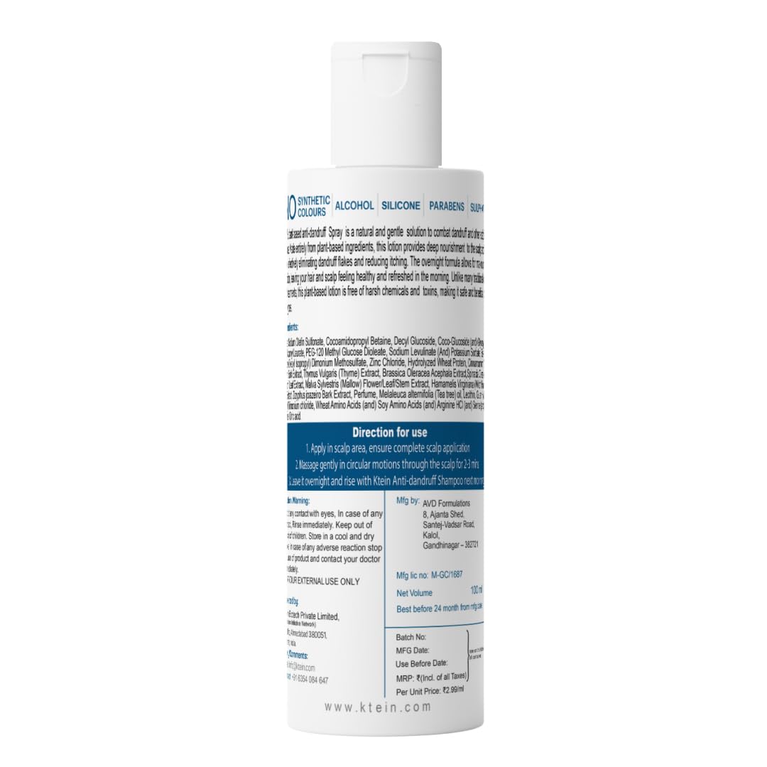 Ktein Natural 100% Plant-Based Anti-Dandruff Shampoo for Dry Scalp & Itchy Scalp Relief - Vegan, Sulfate-Free Hair Care for Men & Women - Perfect for Daily Use & Sensitive Scalp
