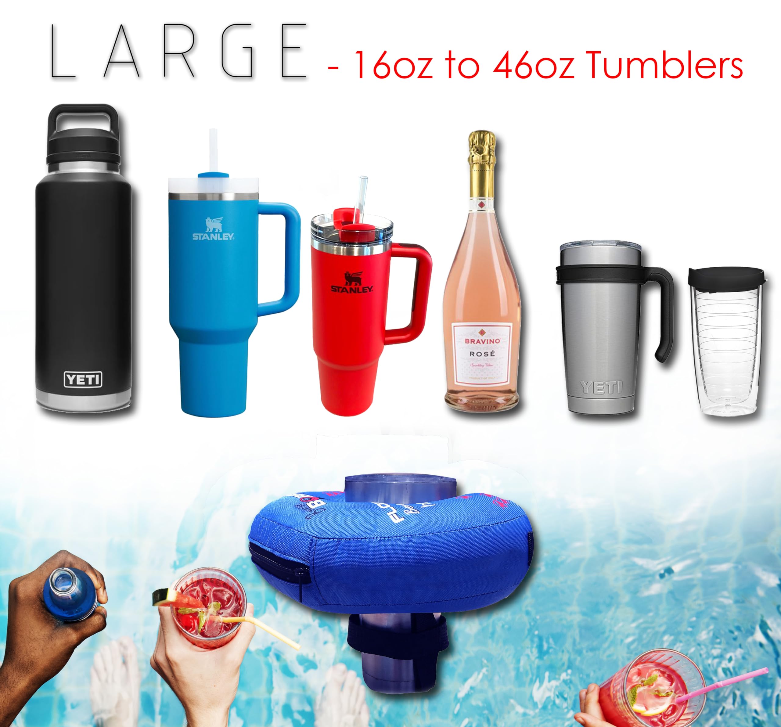 Inflatable Floating Drink Holder for Pool - Large Blue Drink Floaties for Adults to Hold Beer Can, Cup or Wine Bottle - Perfect for Hot Tub, Swimming Pool, Lake, Boat, Beach Parties & Summer BBQs
