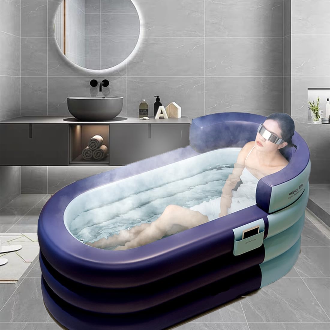 Foldable Portable Inflatable Bathtub with Electric Air Pump - Eco-Friendly Soaking Tub for Adults, Spa & Relaxation - Insulated Bath Cover with Zipper for Long Heat Retention - Perfect for Small Bathrooms, Apartments & Outdoor Use (Knight Blue)