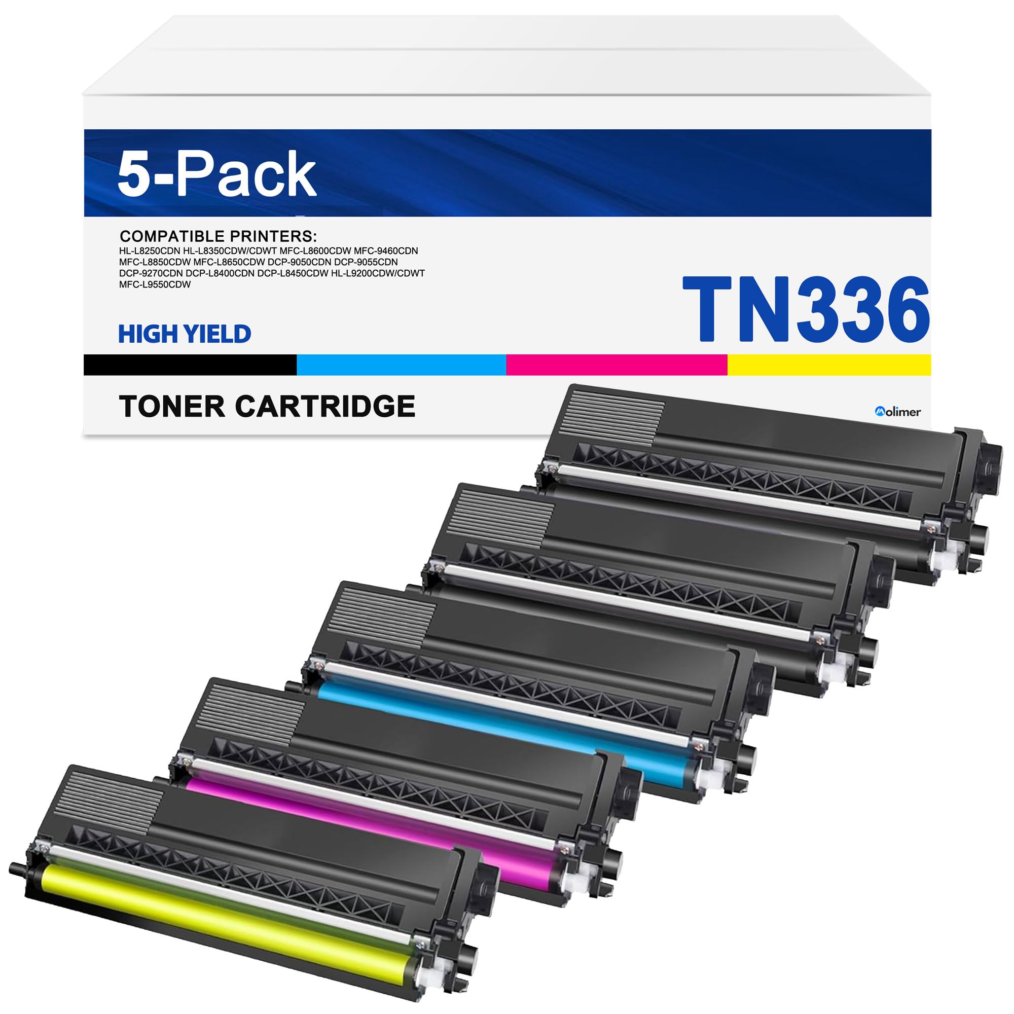Brother TN336 Toner Cartridge (5-Pack) - Compatible for HL-L8350CDW, MFC-L8600CDW Printers - Home & Office Use
