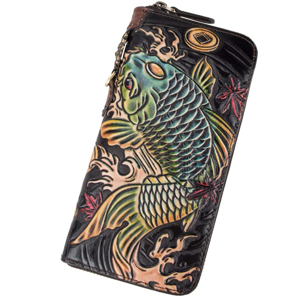 Vintage Leather Women's Wallet with Fish Pattern - Long Flap Over Purse, Multi Credit Card Holder with Zipper Pocket & 8 Card Slots - Perfect for Party, Travel, Work & Everyday Use