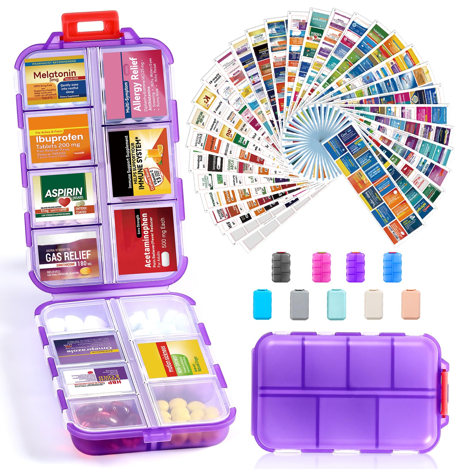 14-Grid Travel Pill Organizer Box with 415 Medicine Labels - Portable Daily Pharmacy Case for Vitamins, Fish Oil & Supplements - Clear Purple - Perfect for Travel, Home & Office Medication Storage