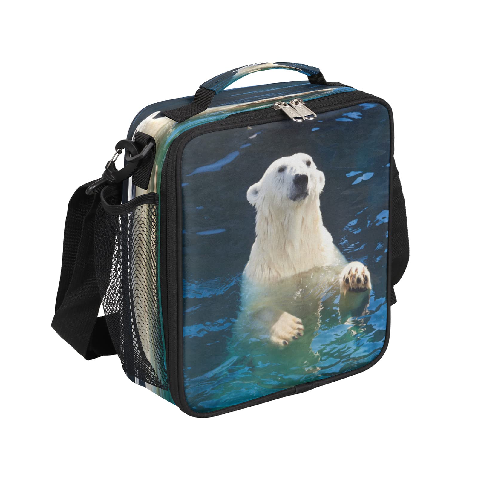 Insulated Lunch Bag with Adjustable Shoulder Strap & Side Pocket - Cute Polar Bear Thermal Cooler for School, Work, Picnics & Outdoor Activities - Reusable Lunch Box for Women & Men