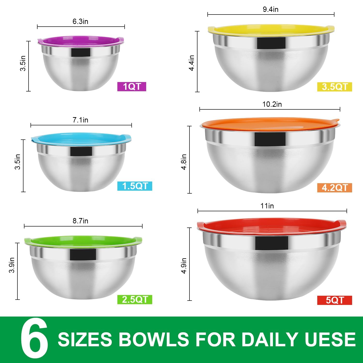 Premium Stainless Steel Mixing Bowls Set with Airtight Lids (5.5QT,4.2QT,3.5QT,2.5QT,1.5QT,1QT) - 21-Piece Nesting Kitchen Bowls for Baking, Cooking & Food Prep - Includes 3 Grater Attachments & Colorful Lids - Perfect for Meal Prep, Mixing Ingredients & Storing Leftovers