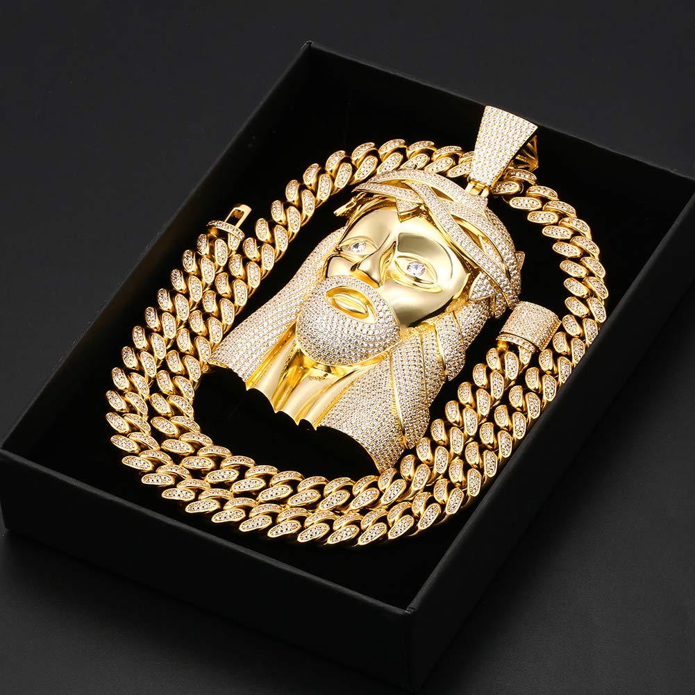 TUHE Oversized 3D Hip Hop Jesus Pendant Necklace - 18K Gold Plated AAA Cubic Zirconia Iced Out Chain for Men & Women - Bling Bling Religious Jewelry with 24