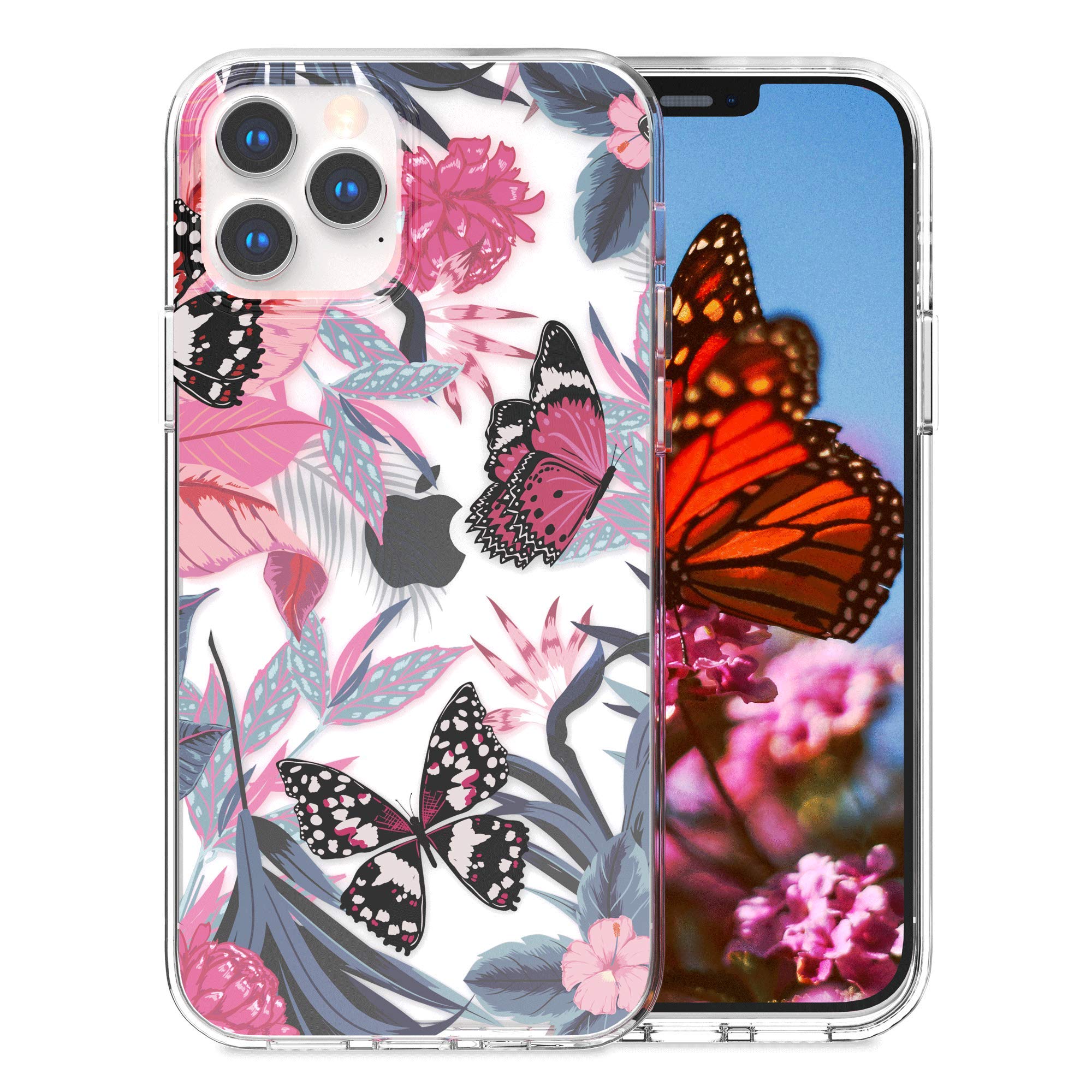 SURPHY Clear Flower Pattern Phone Case Compatible with iPhone 12 & 12 Pro (6.1 Inch, 2020) - Butterfly Design Protective Cover for Everyday Use, Work & Travel