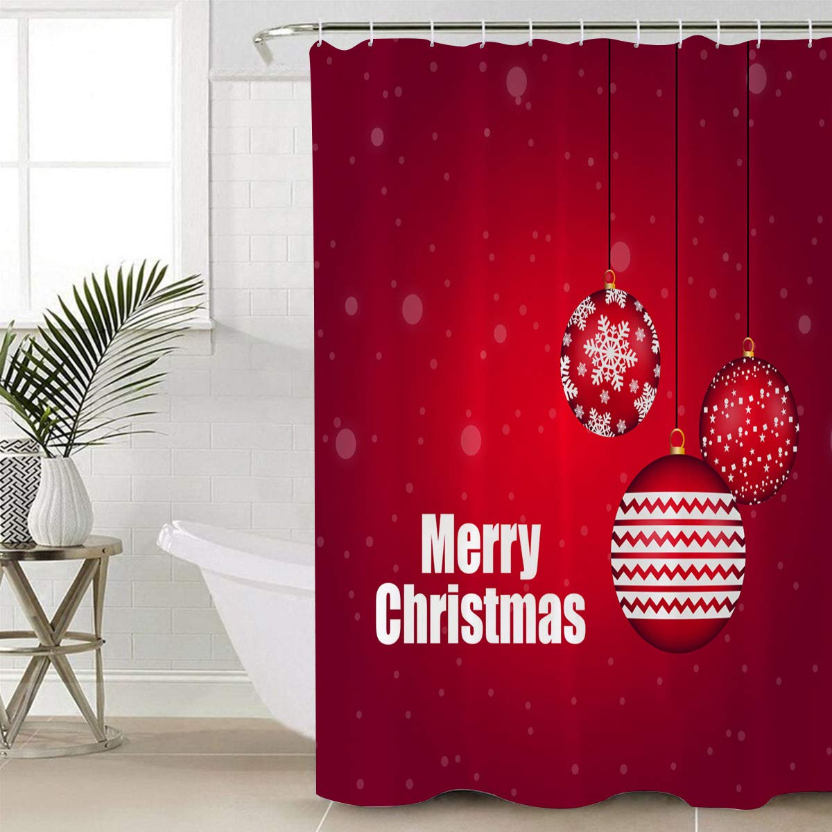 Tersuger Christmas Fabric Shower Curtain 48x72 Inch - Red Xmas Hanging Bell Design Waterproof Bathroom Shower Curtain with Hooks | Holiday Bathroom Decor for Christmas Party & Home Decoration