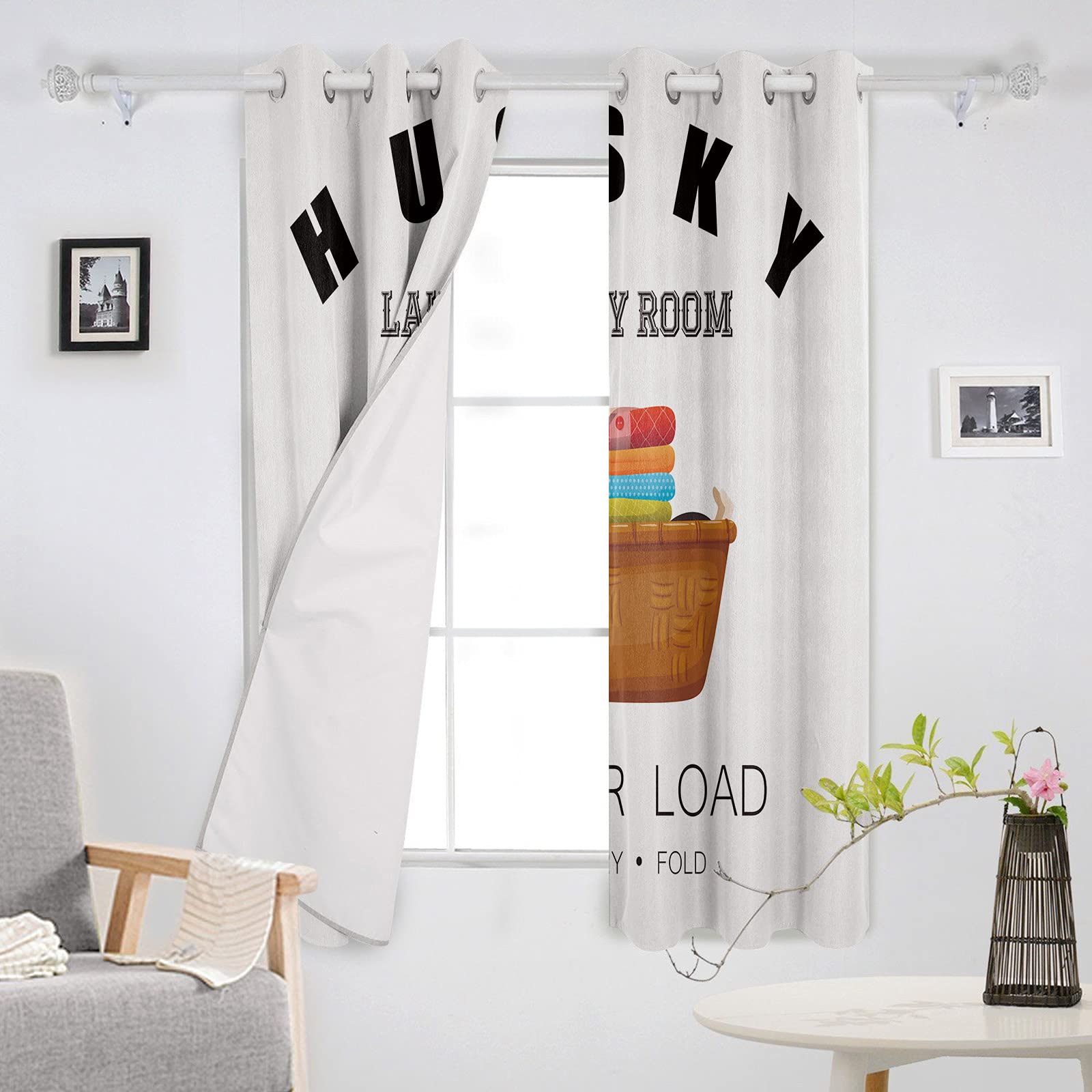 Z&L Home Blackout Curtains with Funny Husky Dog in Basket Design - Thermal Insulated Grommet Top Drapes for Bedroom, Living Room & Kitchen (Set of 2) - Perfect for Room Darkening, Energy Saving & Home Decor