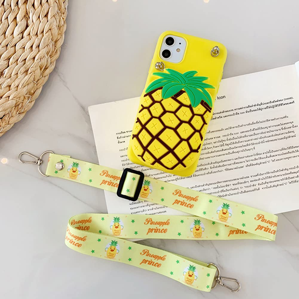 Samsung Galaxy A42 5G Phone Case - Cute 3D Pineapple Design Crossbody Wallet Case with Card Pouch, Detachable Lanyard & Kickstand | Shockproof Soft Silicone Cover for Women, Girls | Perfect for Shopping, Travel & Daily Use
