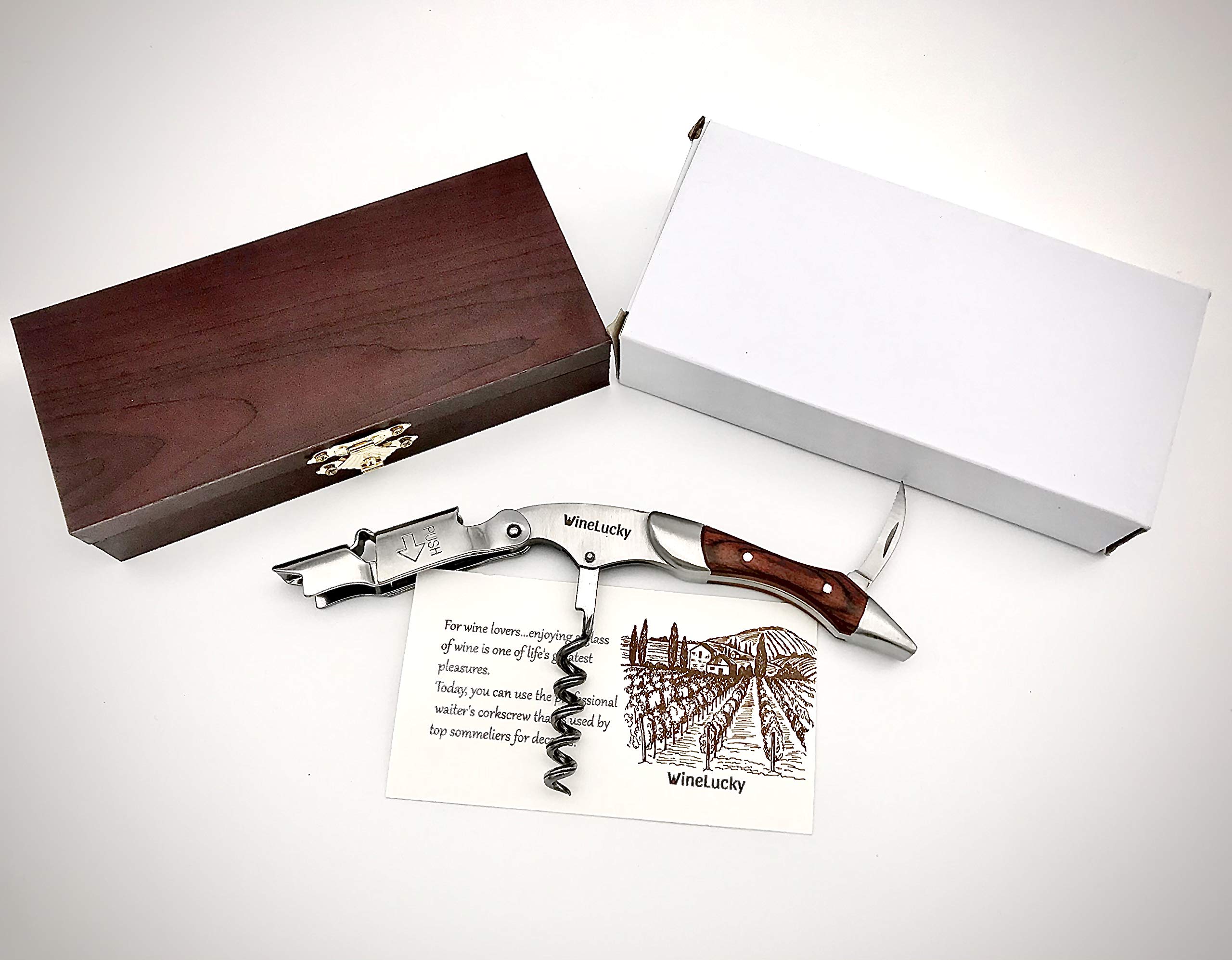 Premium Wooden Box Wine Bottle Opener Set - Heavy Duty Sommelier Corkscrew with Rosewood Handle & Foil Cutter - Stainless Steel Wine Key for Wine Lovers & Waiters - Elegant Gift for Weddings, Anniversaries & Wine Tastings (Brown, Rosewood)