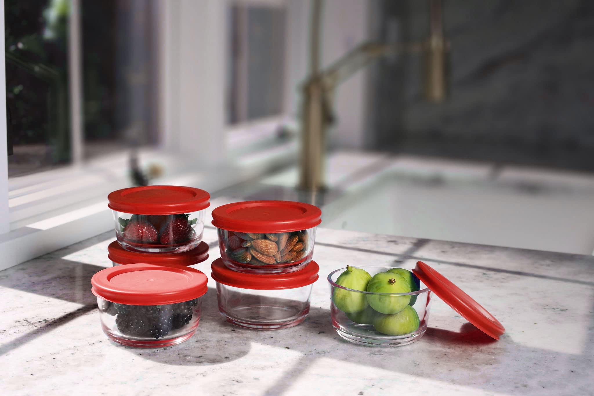 BOVADO USA 2 Cup Glass Food Storage Containers (6 Pack) - Airtight, Leakproof, Dishwasher, Freezer & Oven Safe - BPA-Free Glass Meal Prep Containers with Red Lids - Perfect for Leftovers, Meal Prep, and Pantry Organization