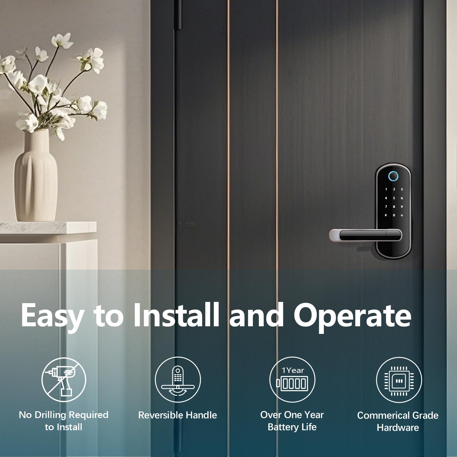 Smart Electronic Door Lock with Fingerprint & Keypad - Keyless Entry Handle Lock for Home Security - Perfect for Apartments, Offices & Vacation Rentals