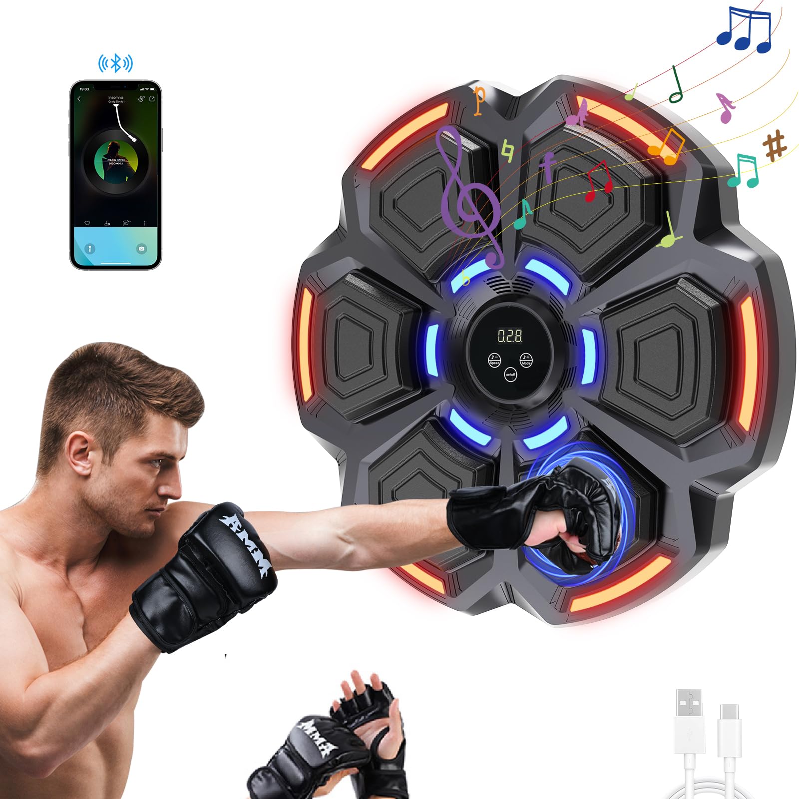 Snawowo Bluetooth Music Punching Bag for Adults - LED Boxing Training Equipment with Gloves, 9 Modes & 9 Speeds, Wall Mounted Home Gym Workout Machine for Indoor Fitness & Stress Relief | Perfect for Home Gym, Boxing Training, Cardio Exercise & Stress Management