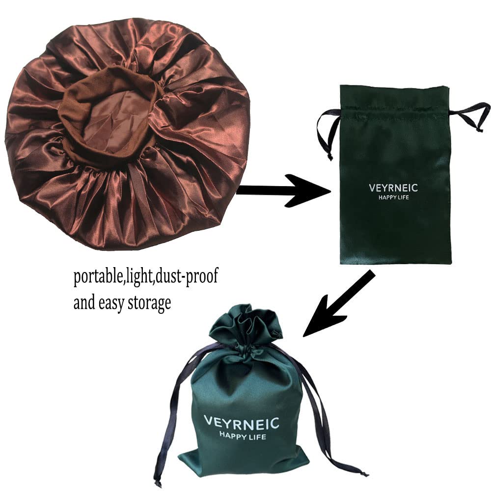 VEYRNEIC Satin Sleep Bonnet for Women - Wide Elastic Band Silk Night Cap for Braids, Natural Hair & Chemo - Includes Satin Storage Bag (Brown) | Perfect for Sleeping, Showering & Hair Protection