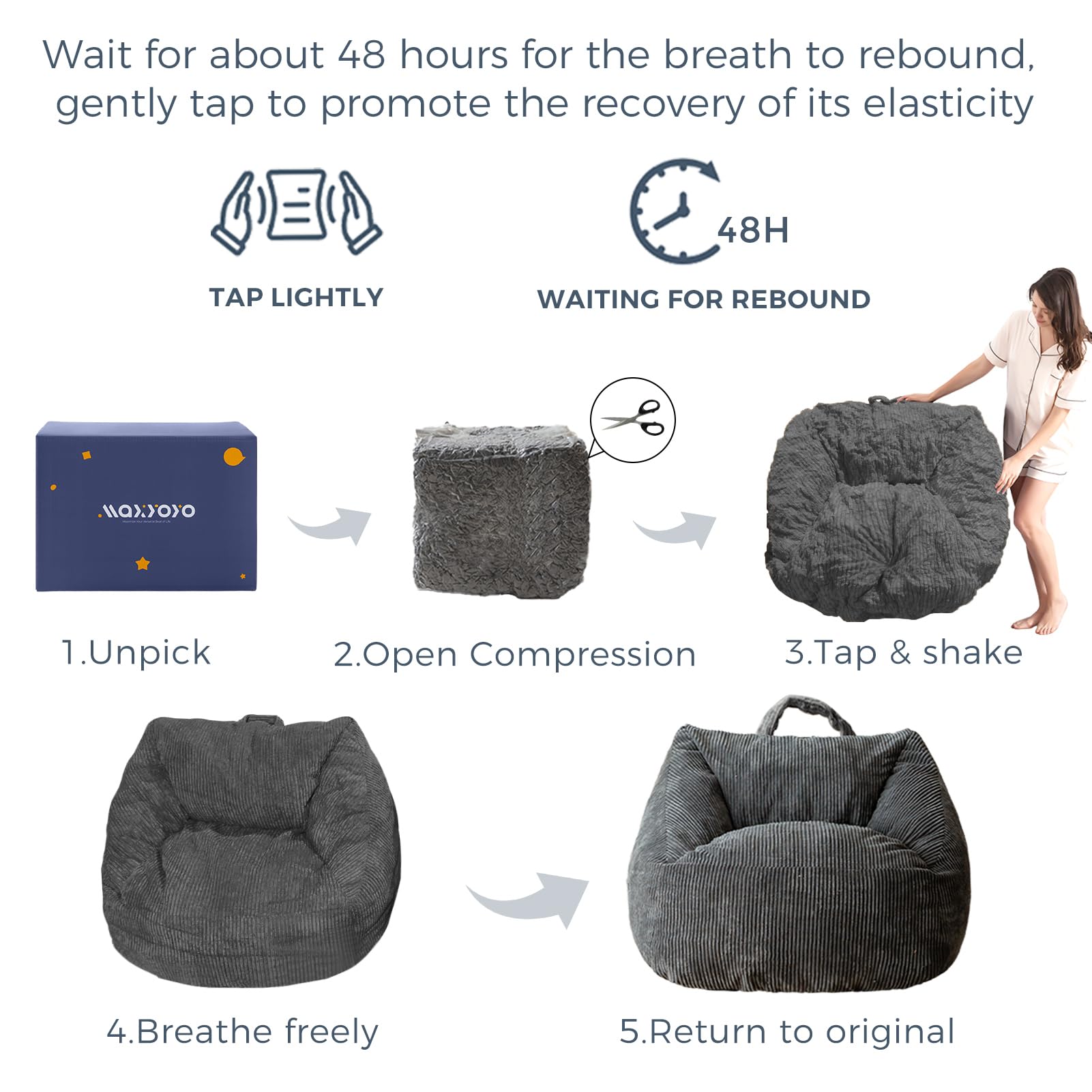 MAXYOYO Bean Bag Chair with Handle - Soft Floor Sofa for Adults, Kids & Teens - Comfortable Accent Chair with Pocket for Gaming, Reading & Relaxing - Perfect for Living Room, Bedroom & Game Room