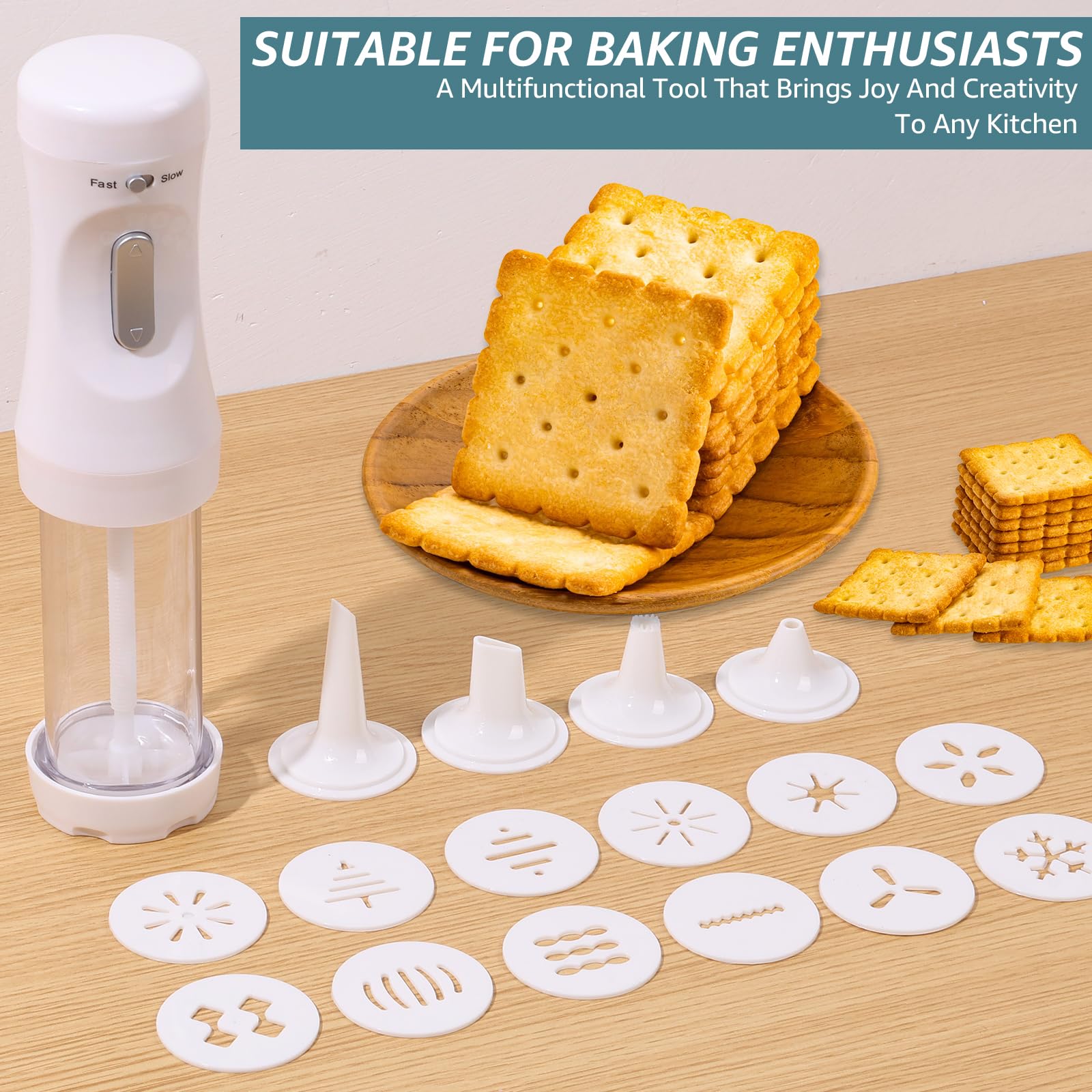 Electric Cookie Press Kit - 12 Cookie Discs & 4 Icing Nozzles for Baking, Decorating Homemade Cookies | Detachable White Transparent Design | Perfect for Holiday Baking, Birthday Parties & DIY Cookie Decorating
