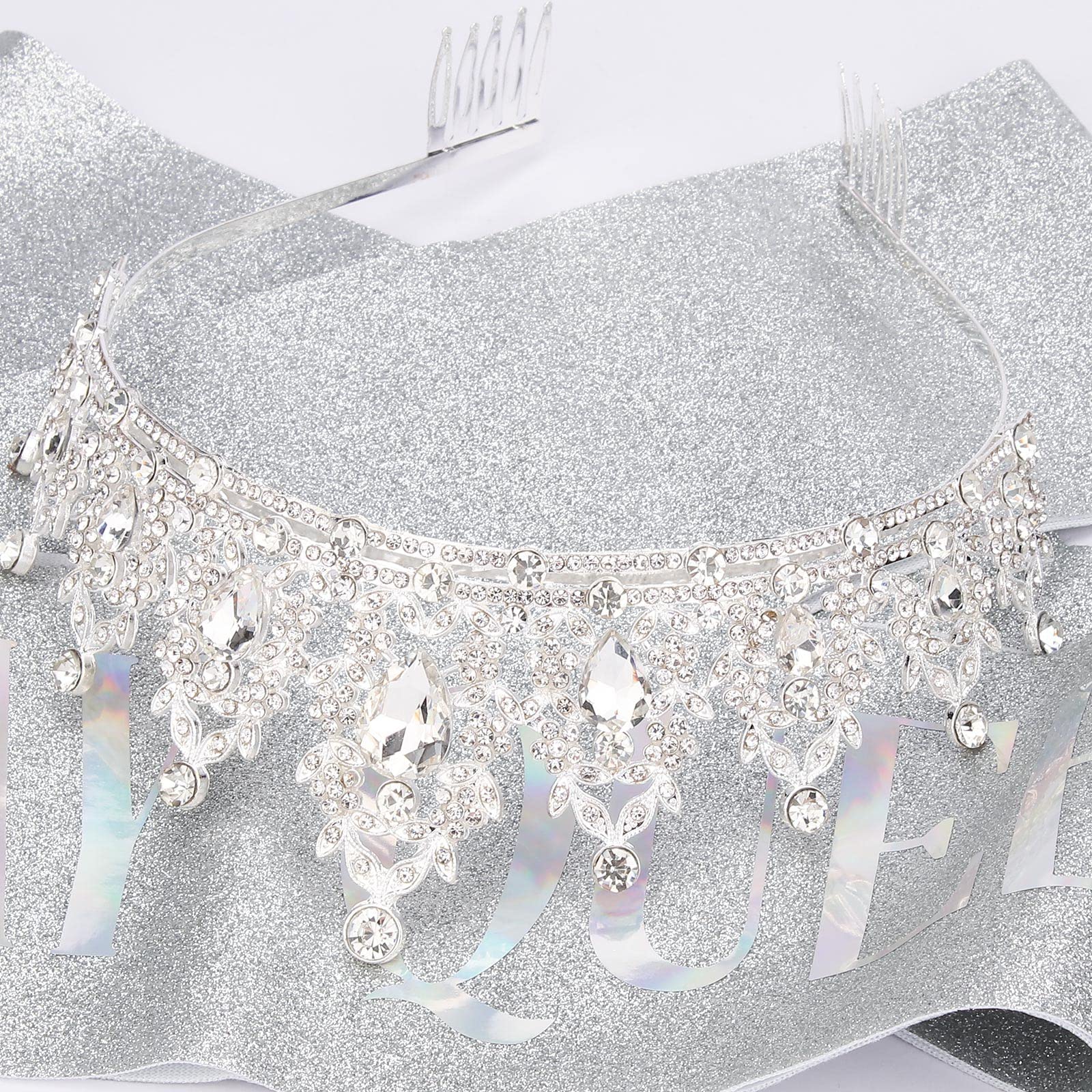 BIRTHDAY QUEEN Sash & Tiara Set for Women - Crystal Rhinestone Crown with Comb & Silver Glitter Satin Sash - Prom Party Hair Accessories & Cake Topper Kit (Silver Set) - Perfect for Birthday Celebrations, Bachelorette Parties & Special Events