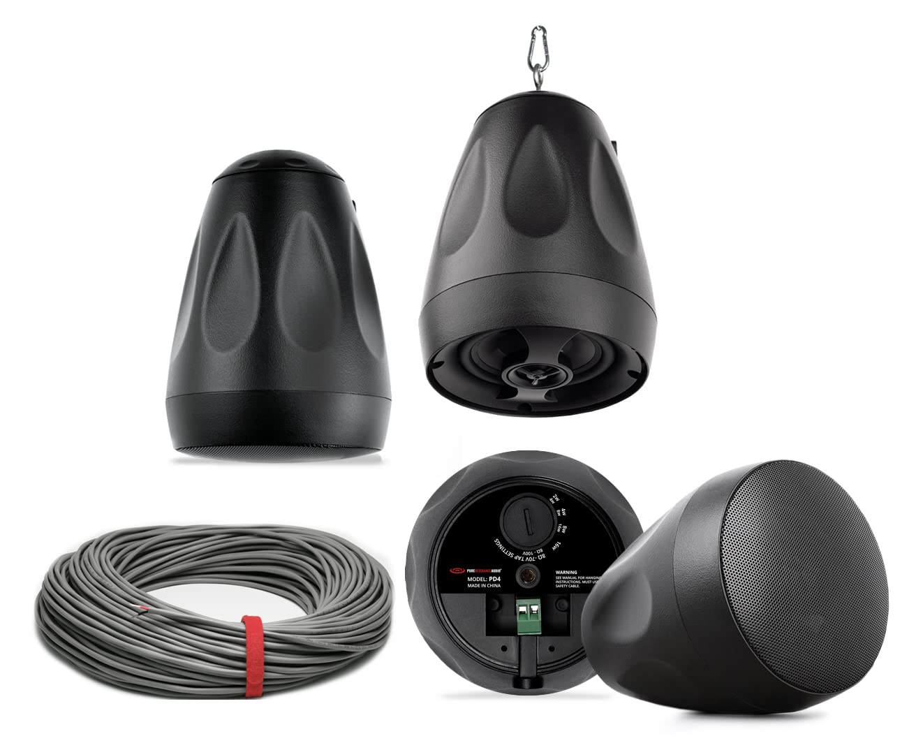 Pure Resonance Audio PD4 4 Inch Black Pendant Ceiling Speakers with Installation Wire - Set of 4 - Perfect for Restaurants, Retail Stores, and Background Music Systems