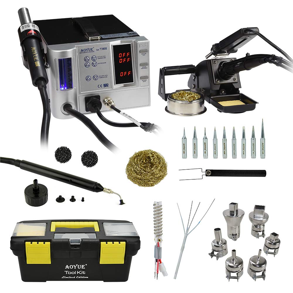 Aoyue 738H Professional SMD Rework Station with Digital Display - 5-in-1 Hot Air Gun, 70W Soldering Iron & Soldering Tweezers Kit for Electronics Repair, PCB Work, and DIY Projects