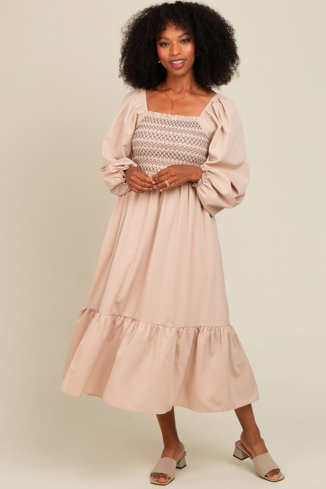Beige Contrast Smocked Balloon Sleeve Midi Dress for Women | Elegant Flowy Summer Dress for Weddings, Parties & Date Nights