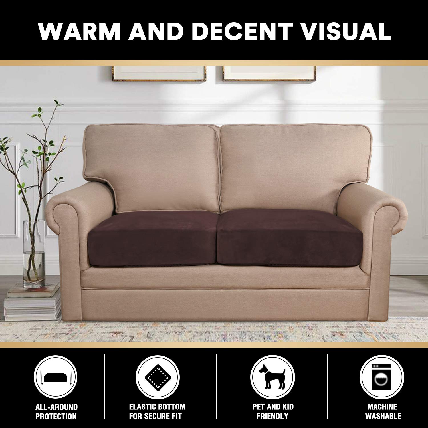 PrinceDeco 2-Piece Velvet Stretch Sofa Cushion Covers - Brown Pet-Friendly Furniture Protectors | Non-Slip, Machine Washable Sofa Slipcovers for Living Room, Bedroom & Home Decor