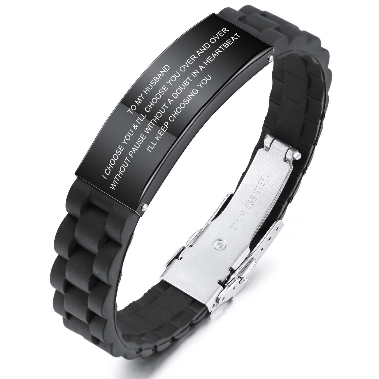Personalized Black Silicone Bracelet for Husband - Adjustable Rubber Wristband with Stainless Steel Engraving, Unique Valentine's Day & Birthday Gift for Men - Perfect for Anniversaries, Couple Matching & Romantic Surprises