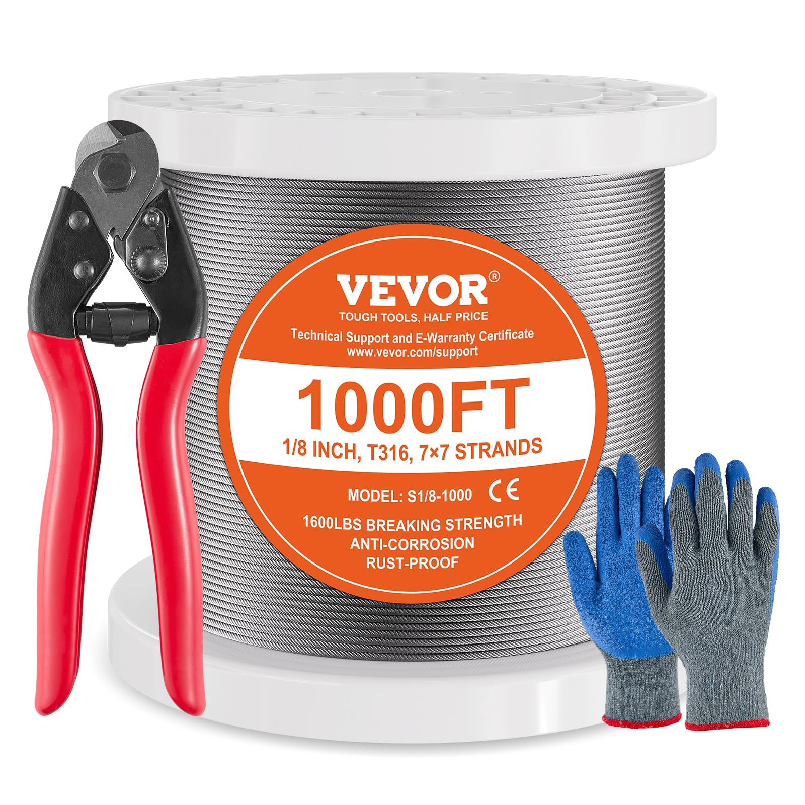 VEVOR 1/8 Inch 7x7 Strand Stainless Steel 316 Cable Railing Kit - 1000 FT Marine Grade Aircraft Cable with Cutter & Gloves, 1600 lbs Breaking Strength - Perfect for Outdoor Handrails, Stair Railings, Decking, Fences & Marine Applications