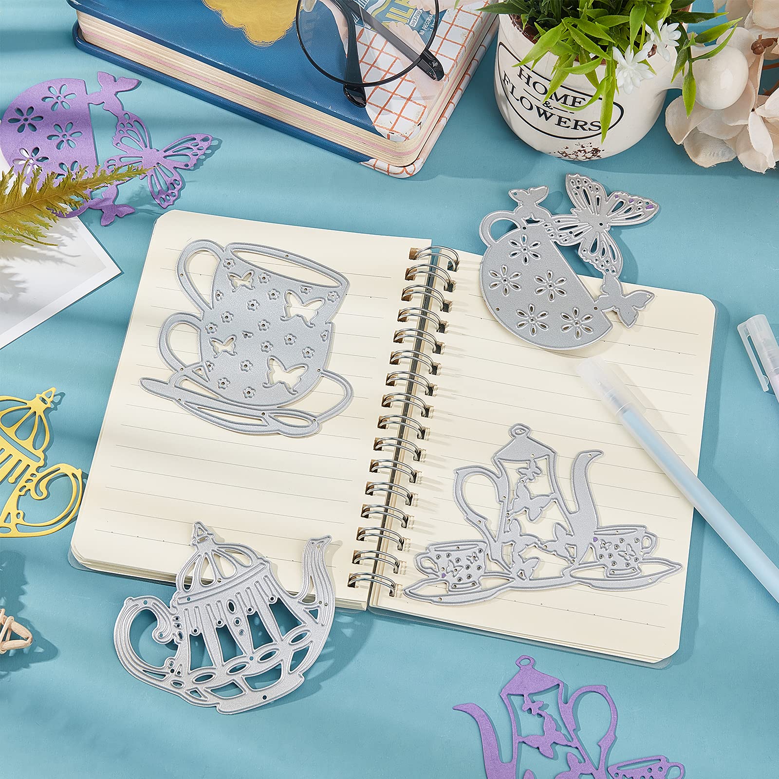 4Pcs Metal Teapot & Tea Cup Cutting Dies with Butterfly Stencil - Scrapbooking Embossing Templates for DIY Paper Crafts, Cards, Invitations (Wedding, Christmas, Birthday, Tea Party Decorations) | Perfect for Handmade Greeting Cards, Scrapbook Pages, and Party Decor