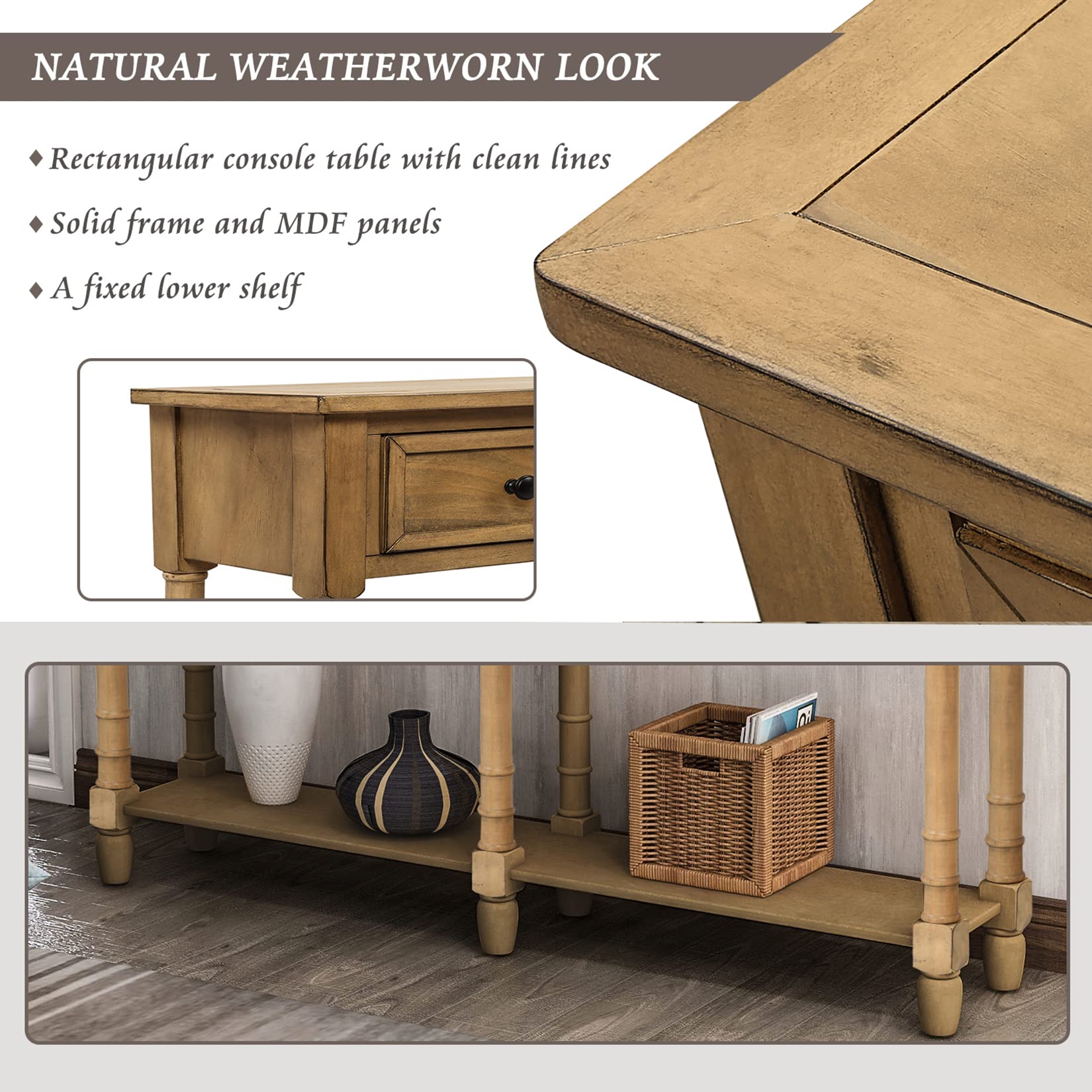 58 Inch Console Table Sofa Table with 2 Storage Drawers & Bottom Shelf - Easy Assembly for Living Room, Entryway, Hallway - Rustic Old Pine Finish Home Decor
