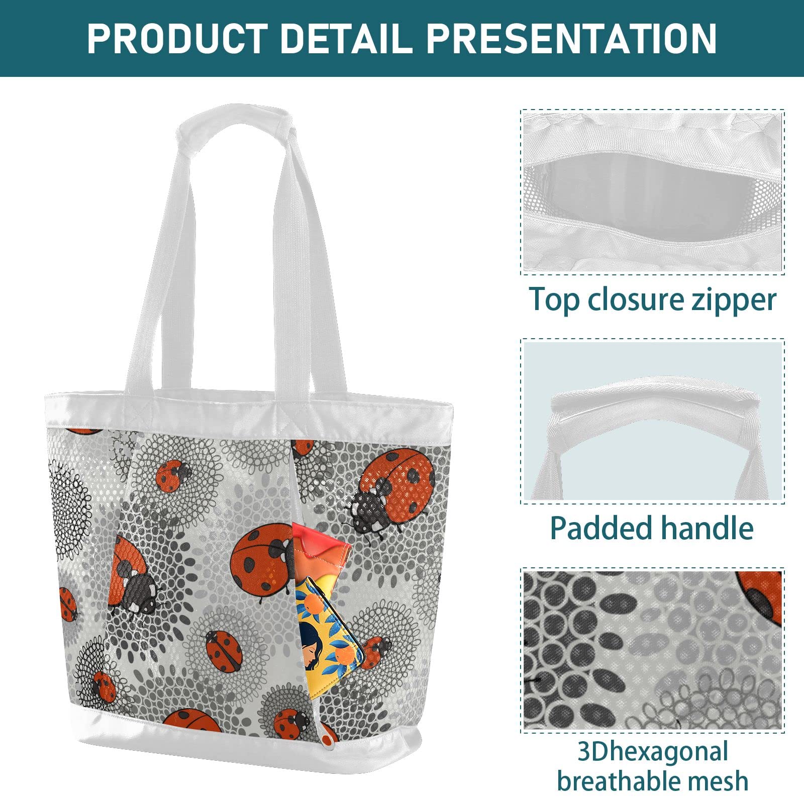 Stylish MCHIVER Ladybugs Monochrome Floral Mesh Beach Bag with Zipper & Pockets - Lightweight Tote for Pool, Gym, Travel & Beach Essentials | Perfect for Summer Vacations, Swimwear Storage & Outdoor Activities
