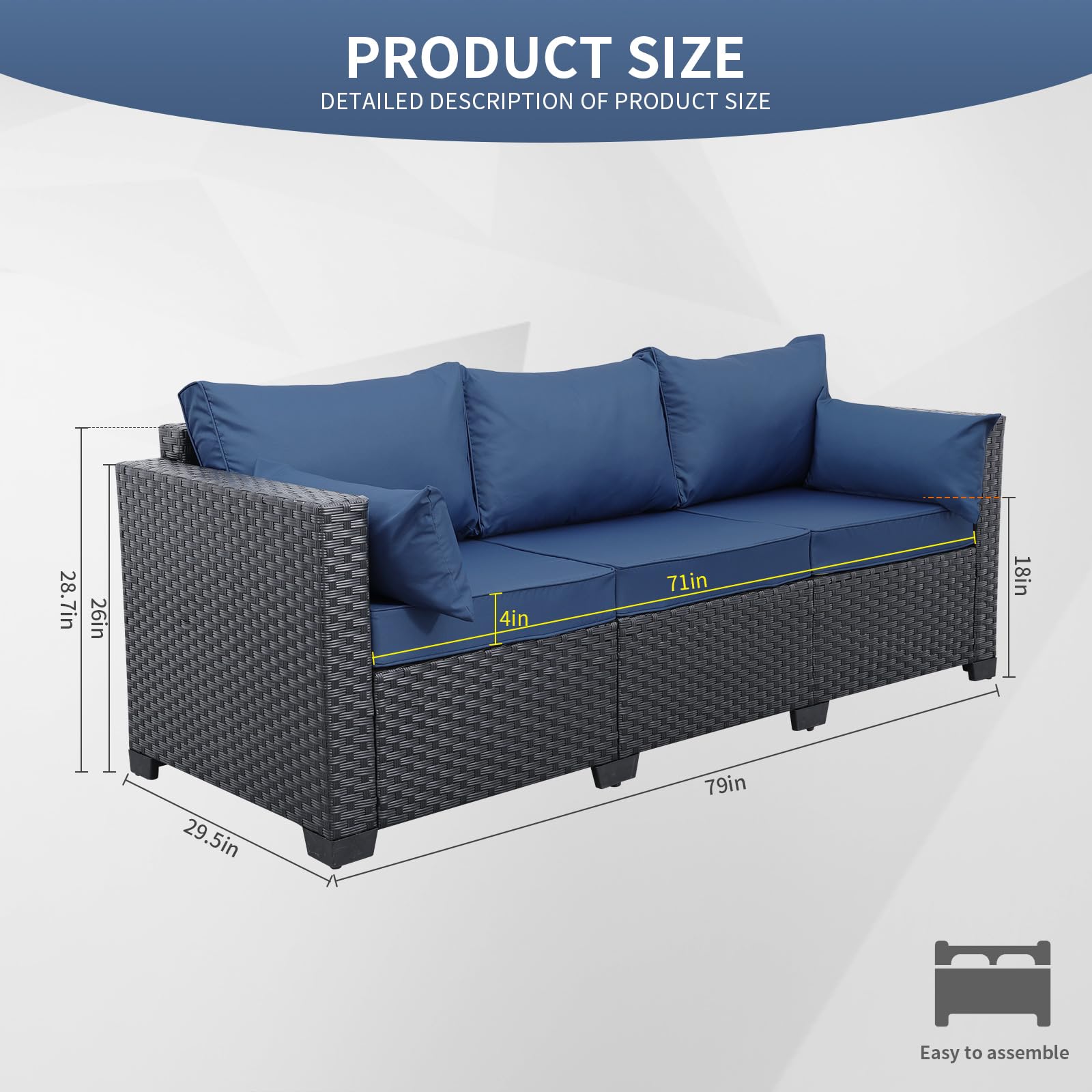 Valita 3-Seat Outdoor Rattan Sofa Set - Black PE Wicker Patio Loveseat with Washable Navy Blue Cushions - Perfect for Backyard, Garden, Poolside & Balcony Relaxation