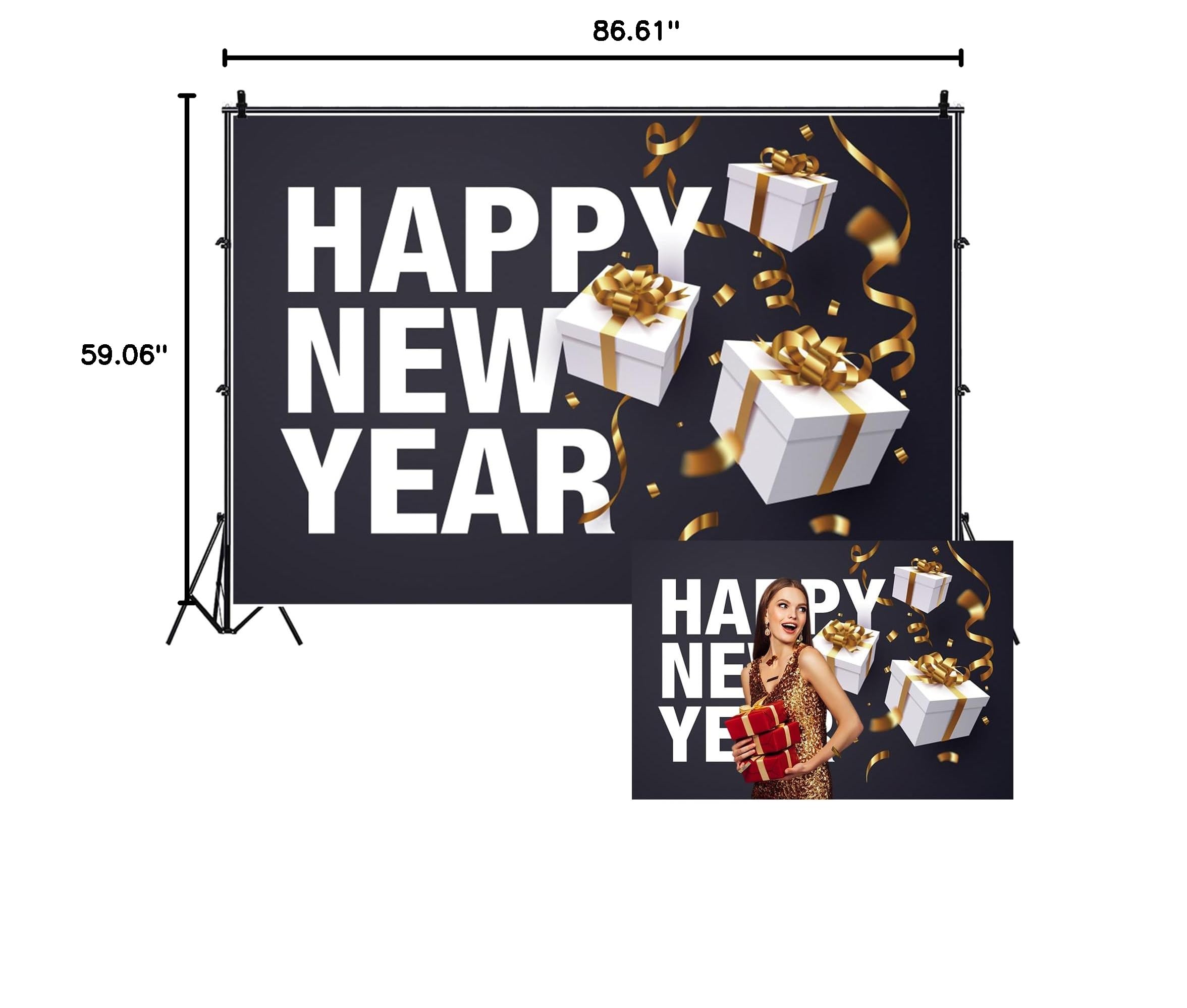 7x5ft Happy New Year Backdrop with White Gift Boxes & Golden Tassels - 2025 New Year's Eve Photography Background for Christmas Party Decor, Photo Booth Props | Perfect for Holiday Celebrations, NYE Parties & Social Media Photos