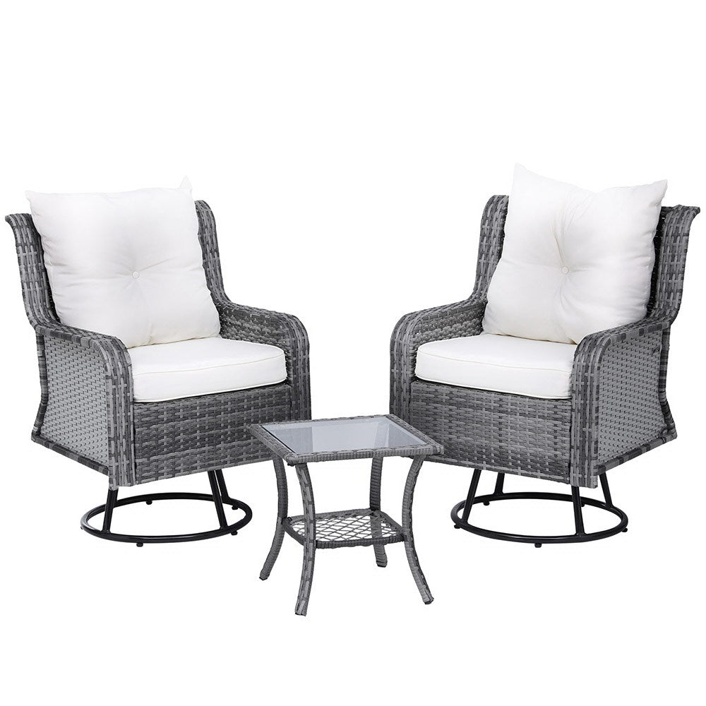 3-Piece Outdoor Patio Furniture Set - Wicker Bistro Table with 2 Swivel Chairs & Cushions in Gray - Perfect for Garden, Balcony, and Poolside Relaxation
