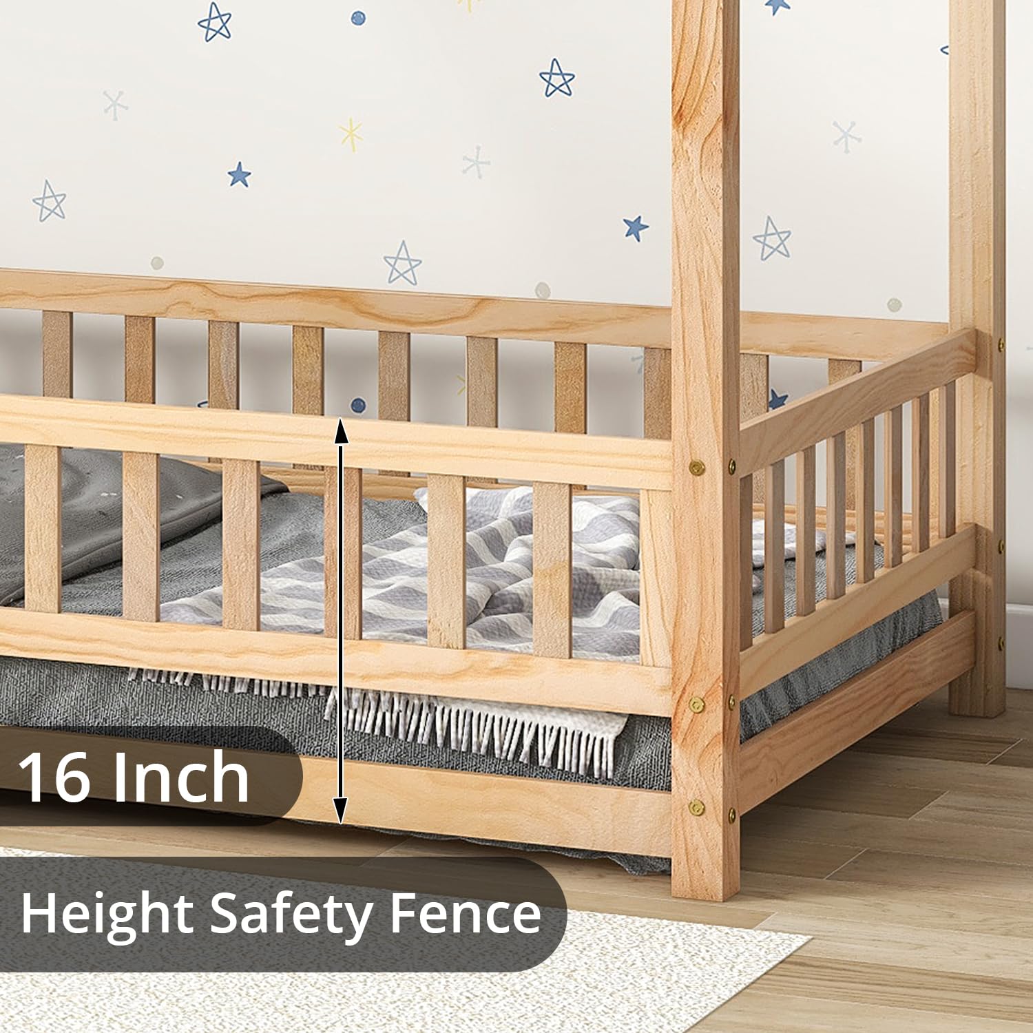 Montessori Full Size House Bed with Fence & Roof Design - Natural Wood Floor Bed Frame for Kids, Toddlers Boys & Girls - Perfect for Bedroom, Playroom & Montessori Learning Spaces