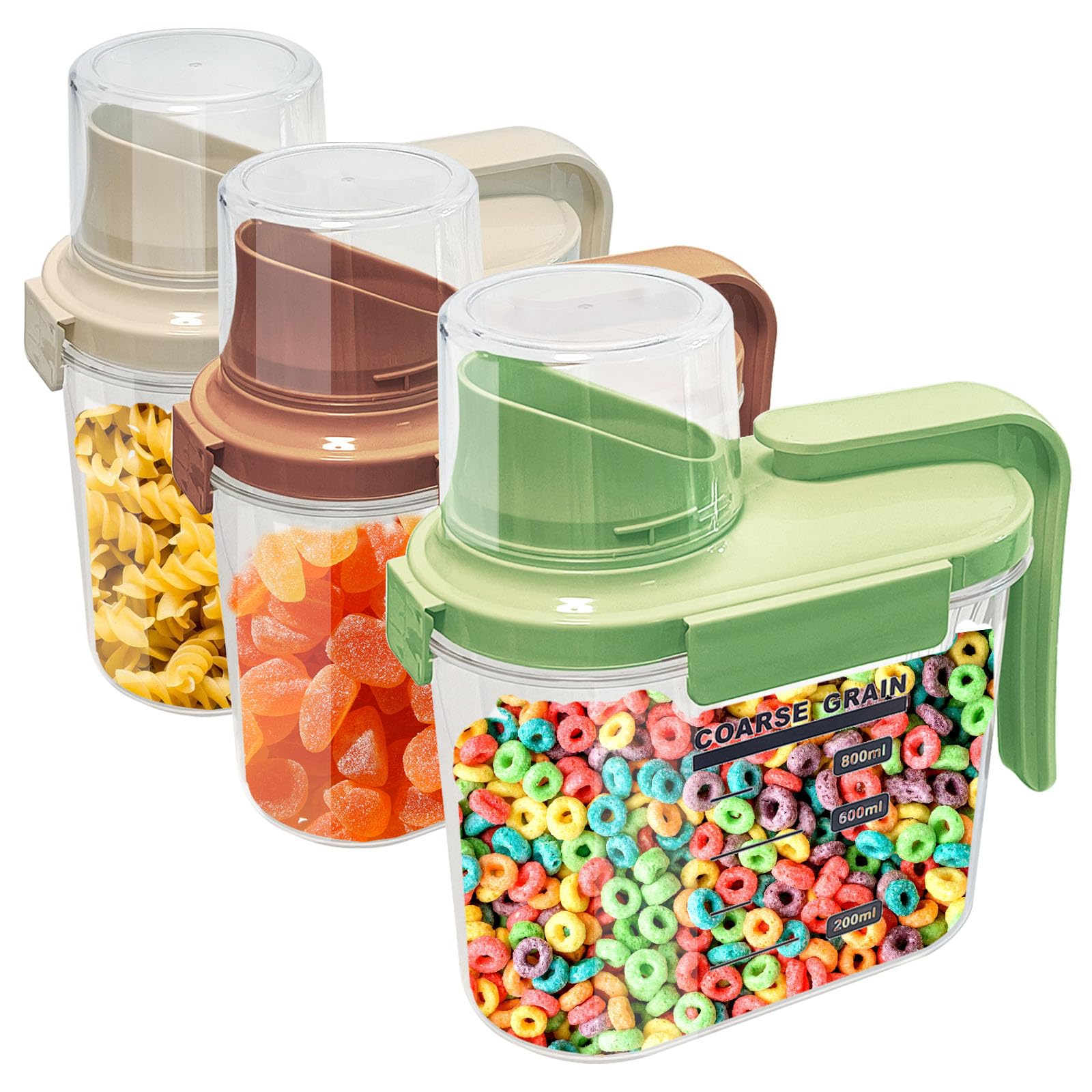 Airtight Cereal Storage Containers with Lids - 3-Pack 0.8L Plastic Food Canisters for Rice, Flour, Sugar & Dry Goods - Leak-Proof Pantry Organization with Pour Spout - Perfect for Kitchen, Pantry & Bulk Food Storage