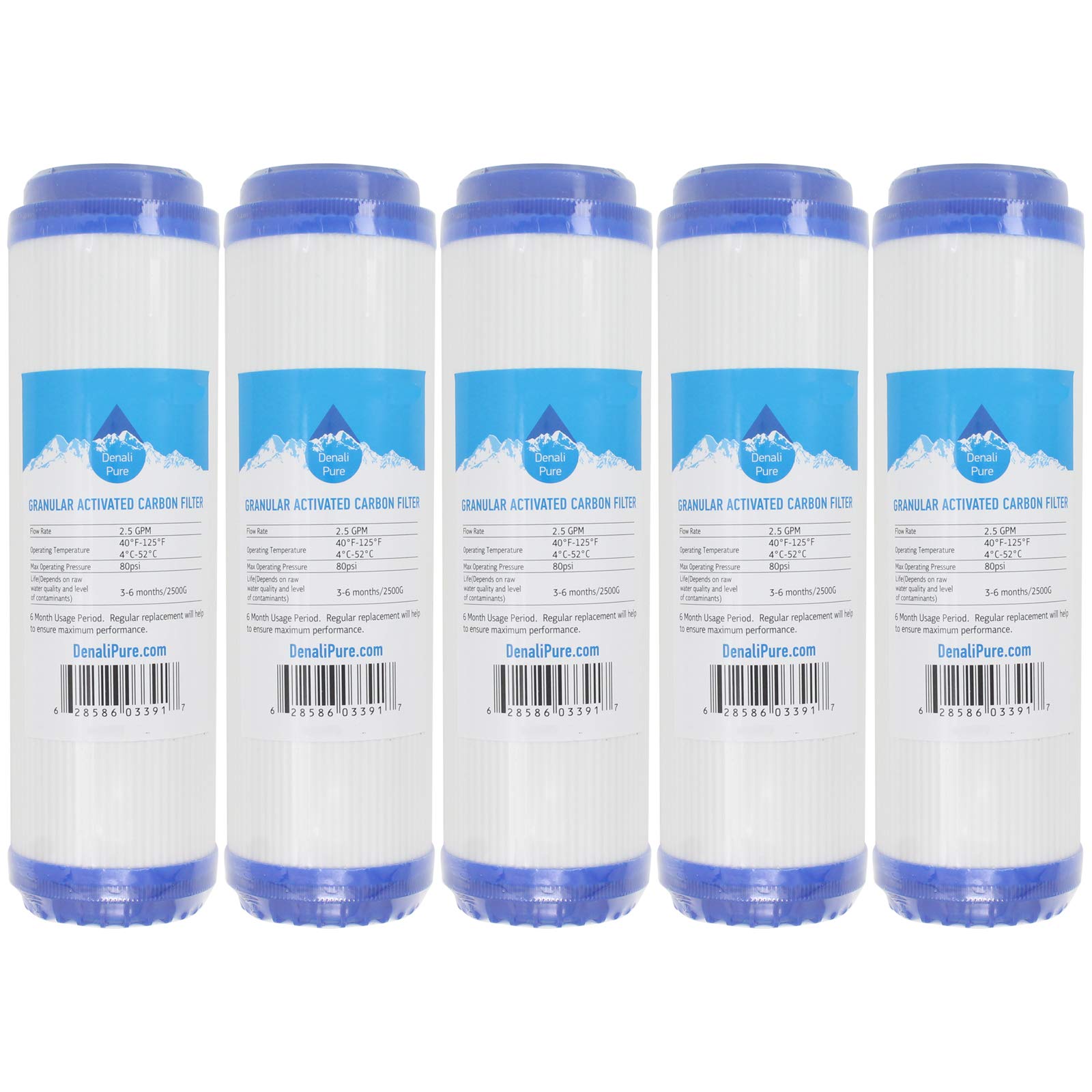 5-Pack 10-Inch Granular Activated Carbon Water Filter Cartridge Replacement for Water Filter Tree WFT-RO4 RO System - Universal Compatible with Reverse Osmosis Systems - Denali Pure Brand - Perfect for Home, Office & RV Water Filtration