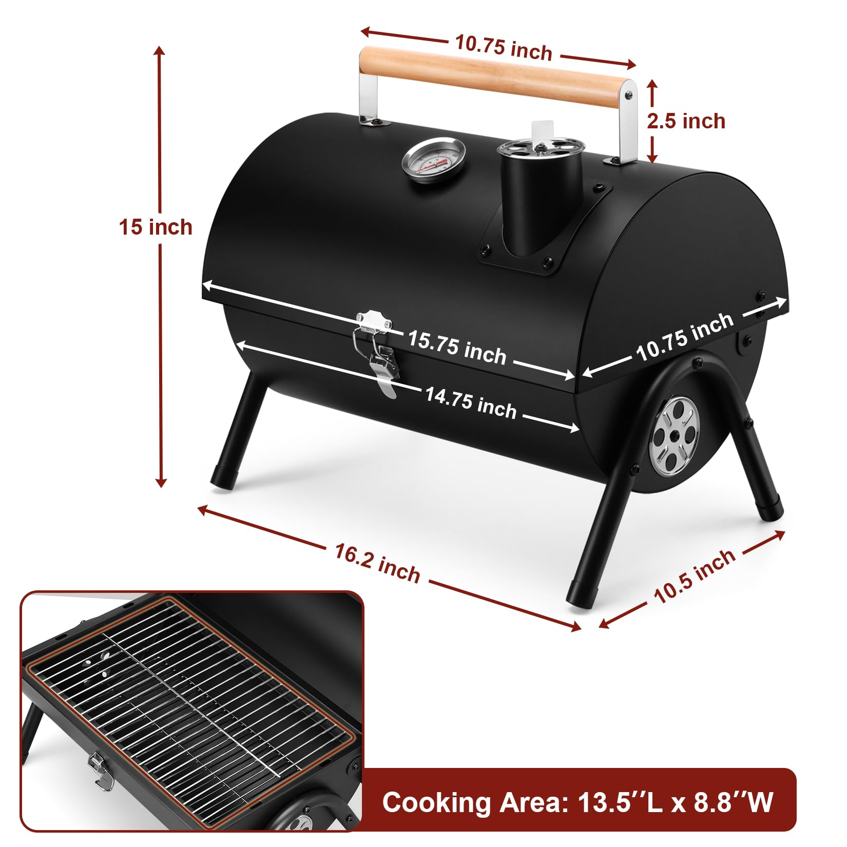 Joyfair Portable Charcoal Grill with Built-in Thermometer - Heavy Duty Stainless Steel Tabletop BBQ Grill for Outdoor Camping, Backyard Parties, Picnics & Tailgating - Easy Assembly & Innovative Design - Perfect for Grilling Burgers, Steaks, Vegetables & Seafood