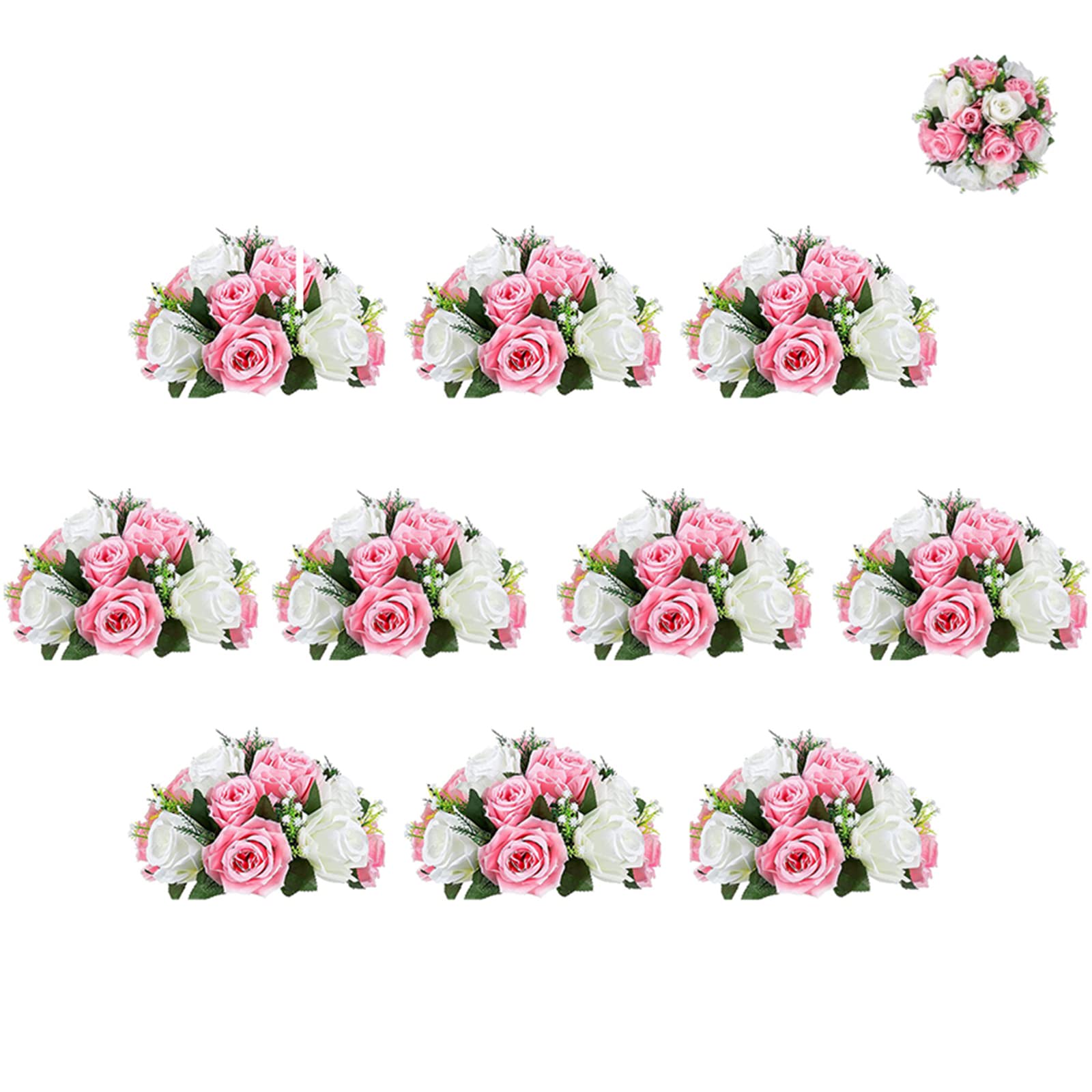 10 Pcs Artificial Rose Flower Balls - Pink & White Fake Floral Centerpieces with Base for Wedding, Home, Party Decor | DIY Kissing Ball Bouquets & Table Arrangements