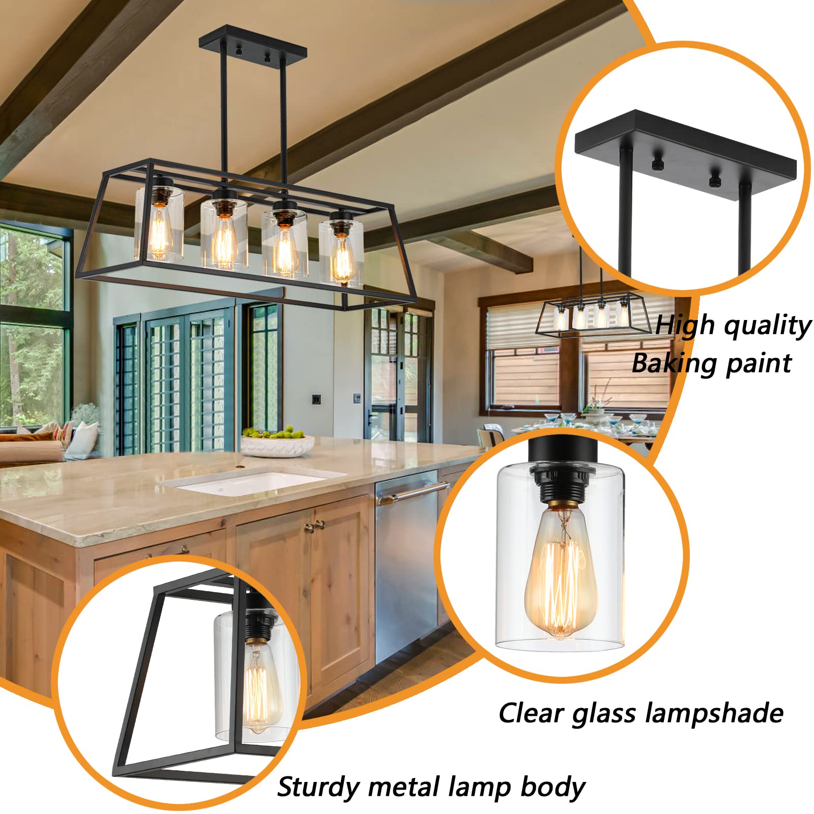 Black Farmhouse Chandeliers for Dining Room, Rustic Kitchen Island Pendant Light, 4-Light Linear Pendant Lamp with Glass Shade, Perfect for Dining Room Lighting Over Table and Kitchen Island