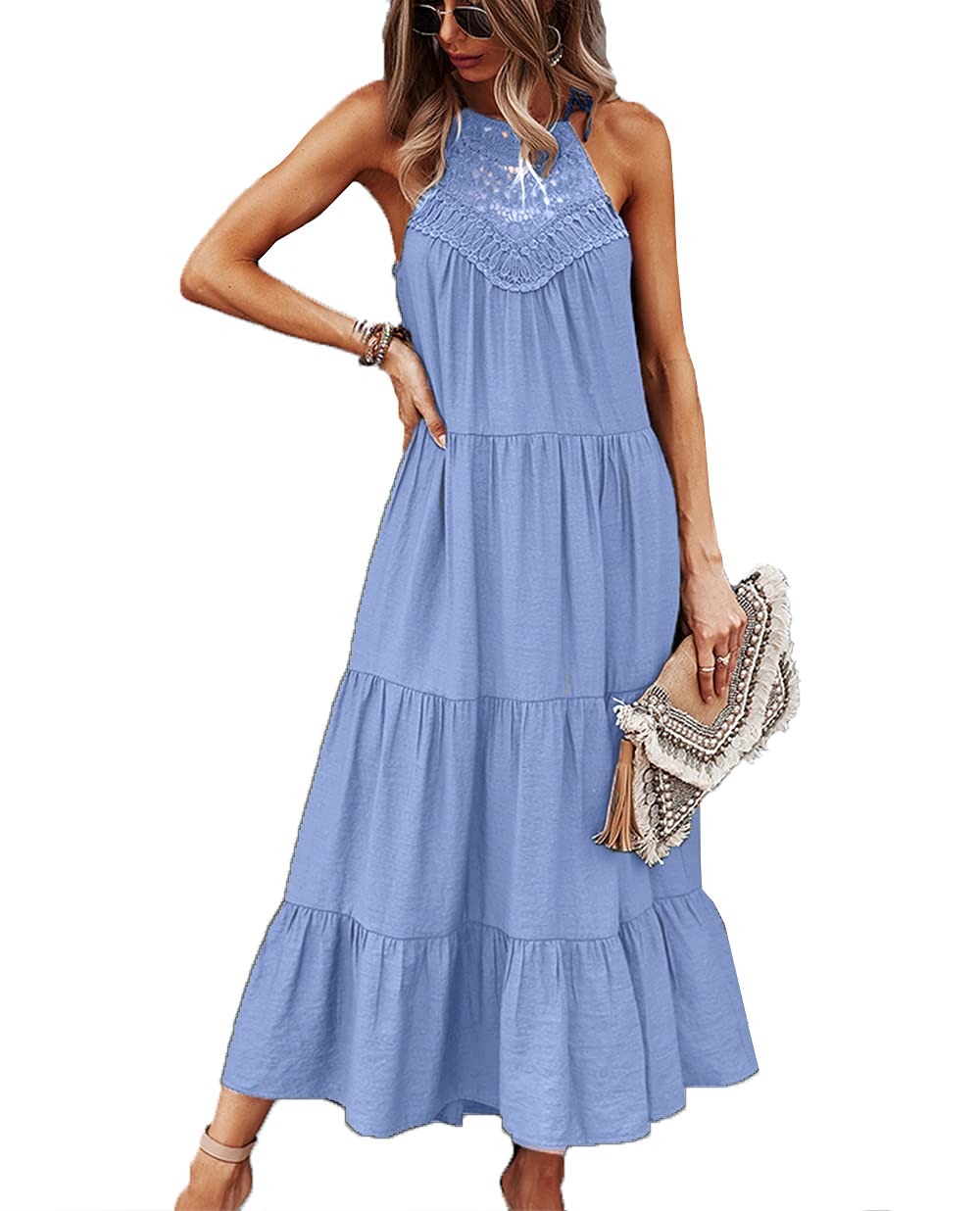 Women's Halter Neck Lace Patchwork Loose Tunic Tank Dress - Sleeveless Summer Casual Sundress for Beach, Vacation & Outdoor Parties